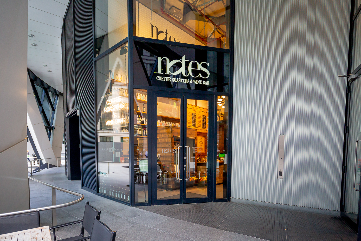 Modern coffee and wine bar entrance at Notes Gherkin, ideal for networking events.