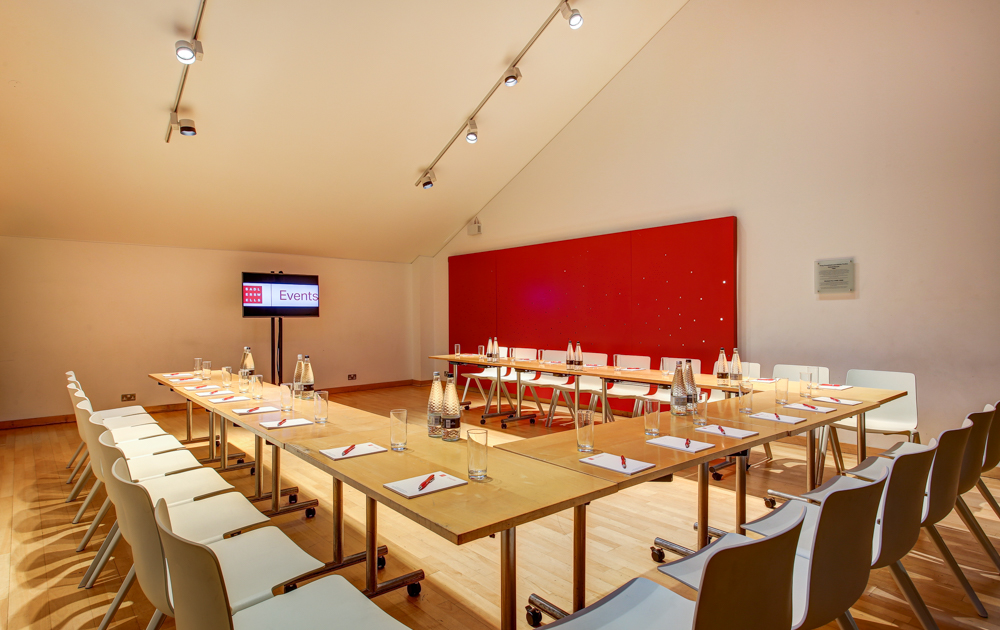 Meeting room at The Kahn, Sadler's Wells with U-shaped table for collaborative discussions.