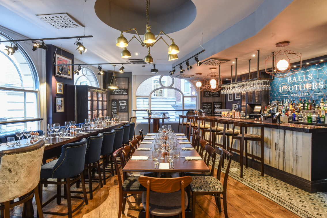 Event space at Copper Bar in Jamie’s Adams Court with modern decor for meetings and receptions.