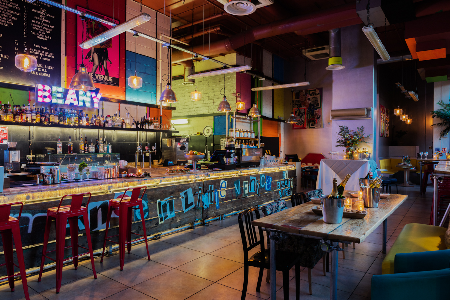 Vibrant Beany Green venue with colorful decor for casual meetings and social events.