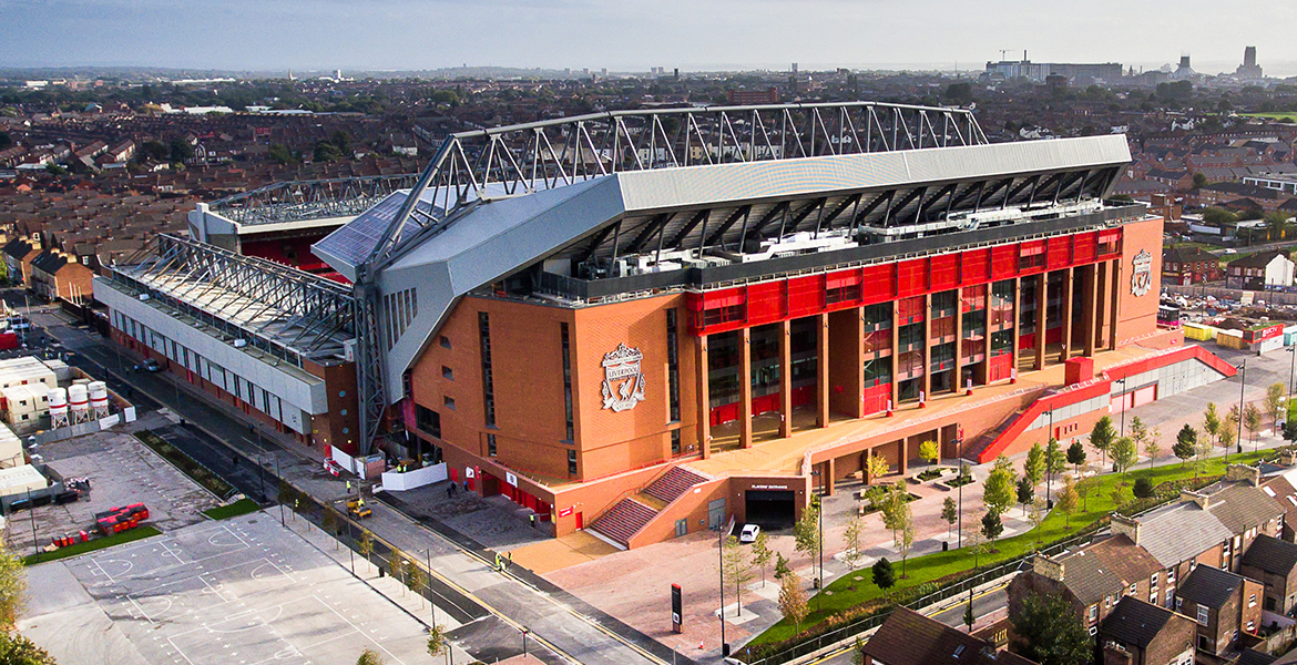 Anfield Stadium in Liverpool, ideal for sports events and concerts, features impressive architecture.