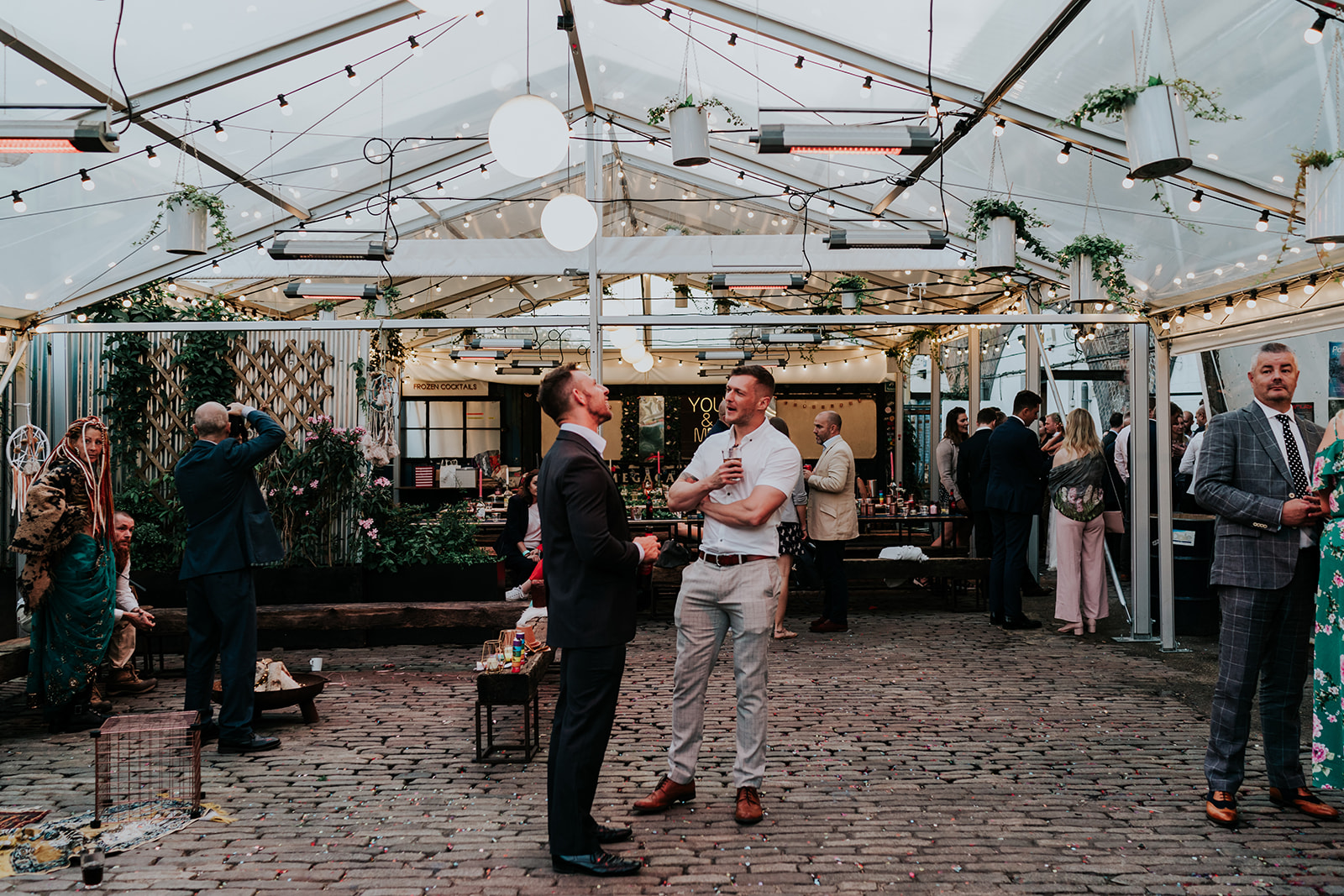 Elegant event space in Peckham Springs with string lights for networking gatherings.
