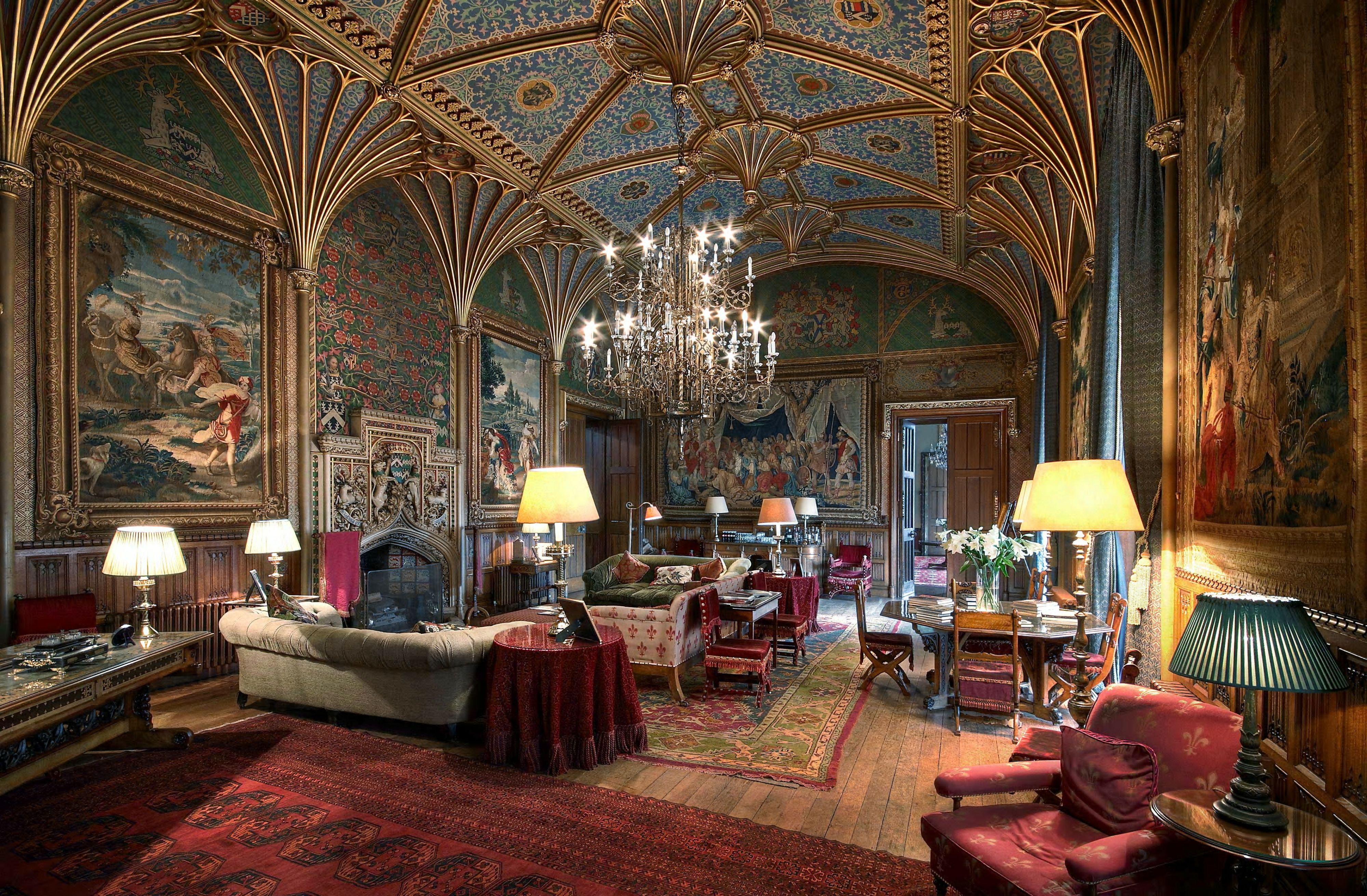 Opulent meeting space at Eastnor Castle with grand ceiling, ideal for exclusive events.