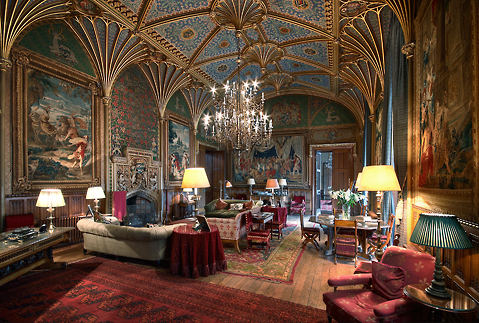 Opulent meeting space at Eastnor Castle with elegant chandeliers for upscale events.