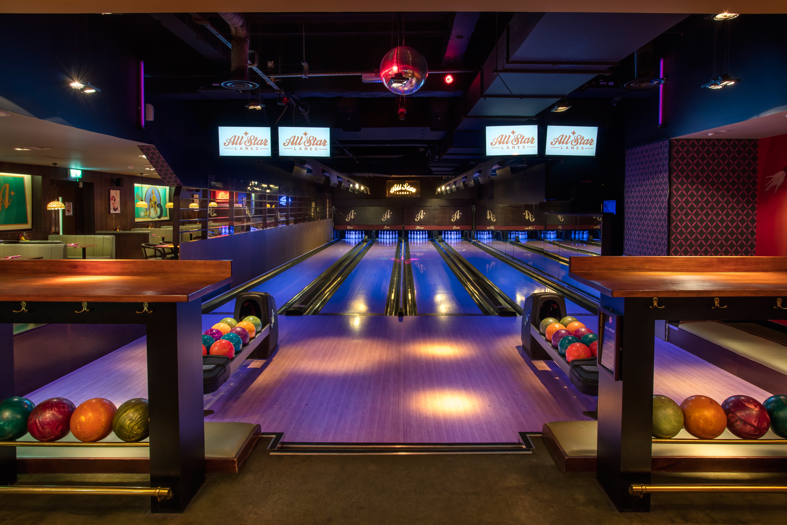 Vibrant bowling alley venue for corporate events and team-building activities.