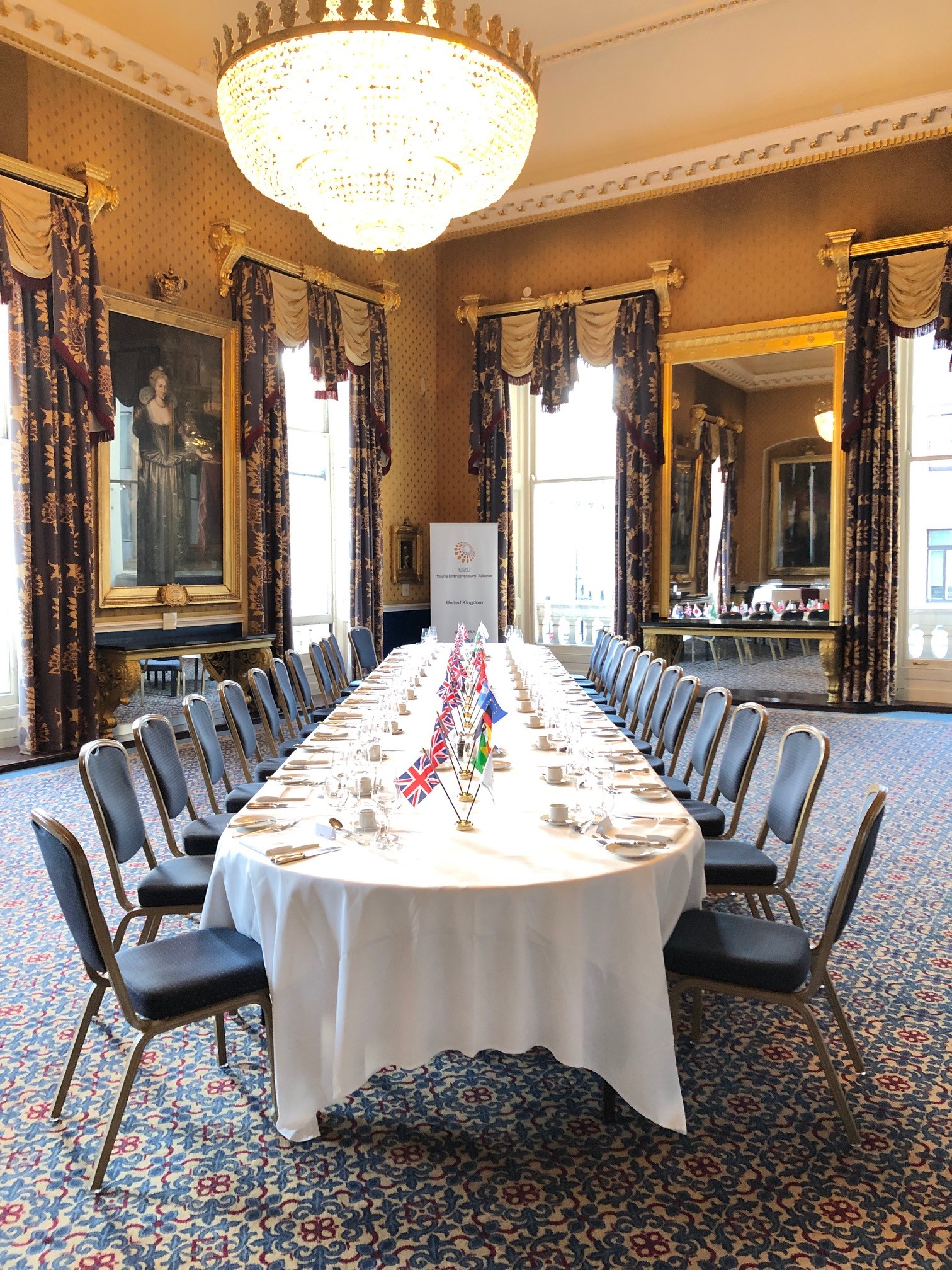 Elegant banquet table at Waterloo, 116 Pall Mall, for international events and formal dinners.