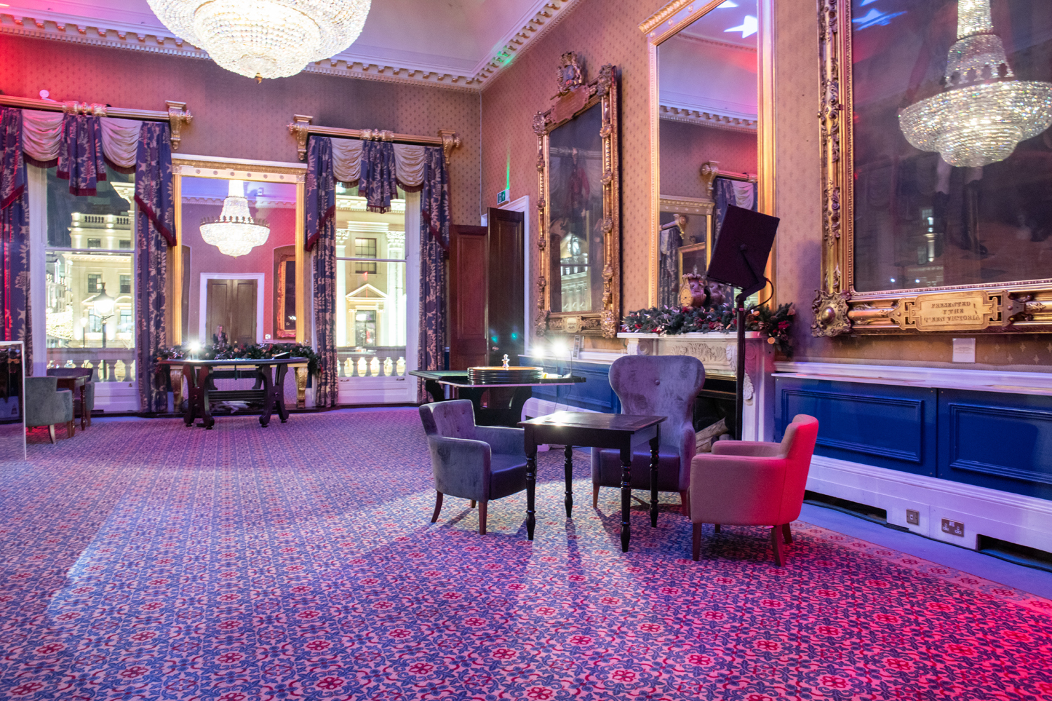 Elegant event space at Waterloo, featuring chandeliers for corporate functions and receptions.