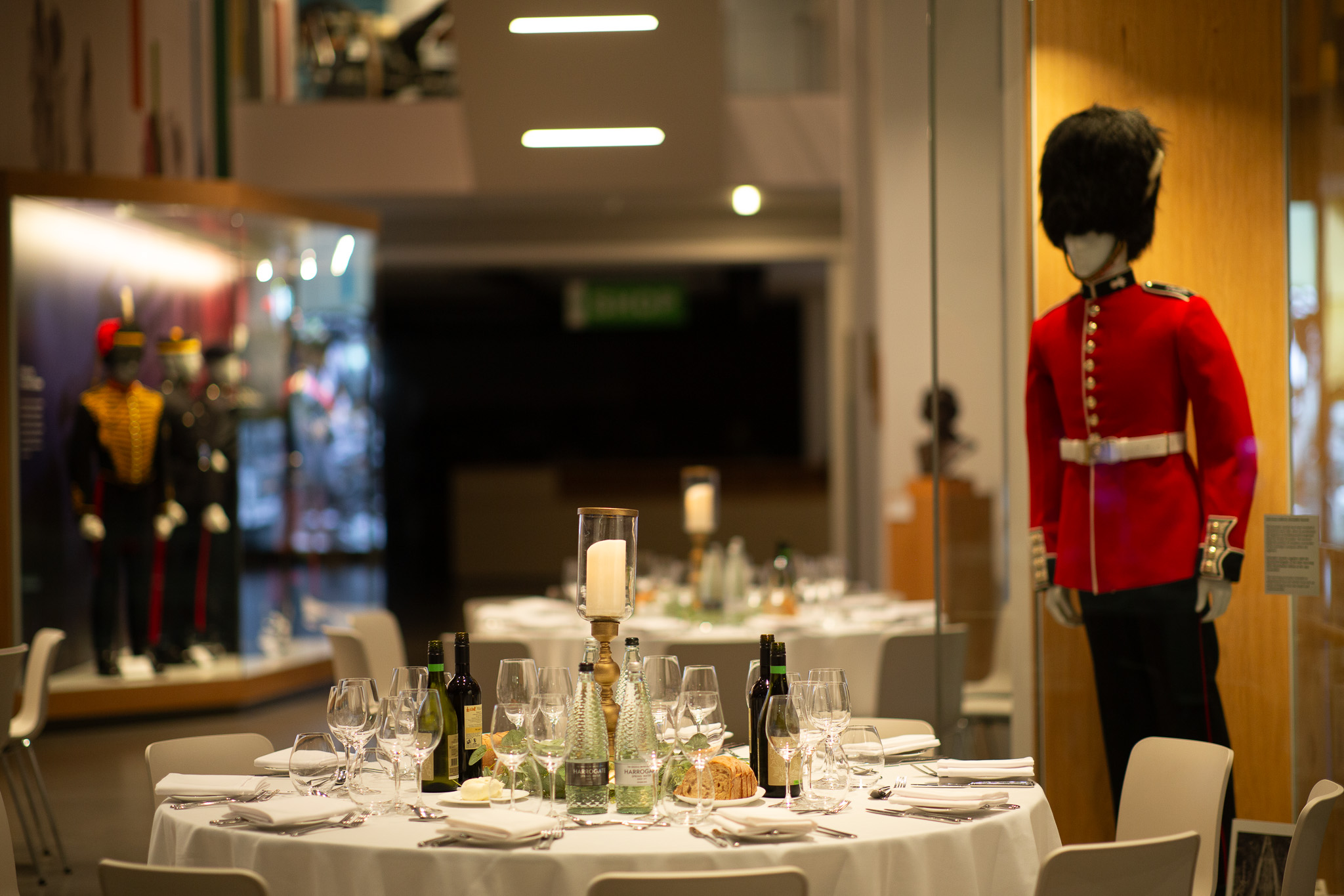 Elegant dining setup in National Army Museum foyer for gala events.