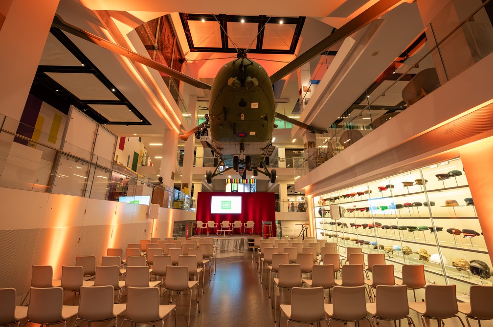 Atrium at National Army Museum with helicopter installation for corporate events.