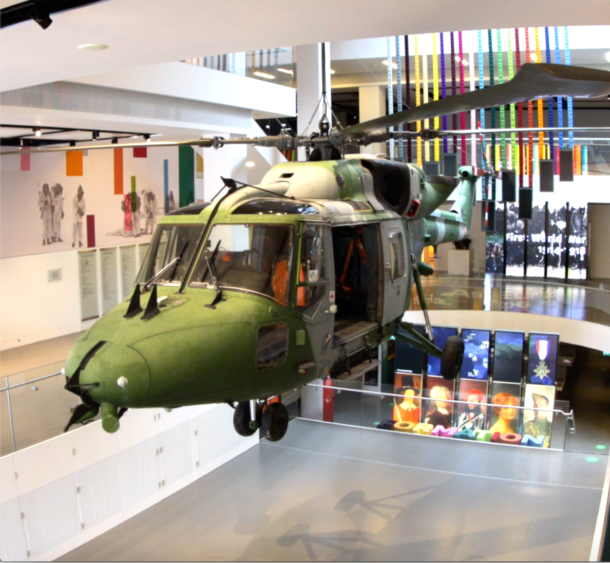 Helicopter centerpiece in National Army Museum's Atrium for corporate events and launches.