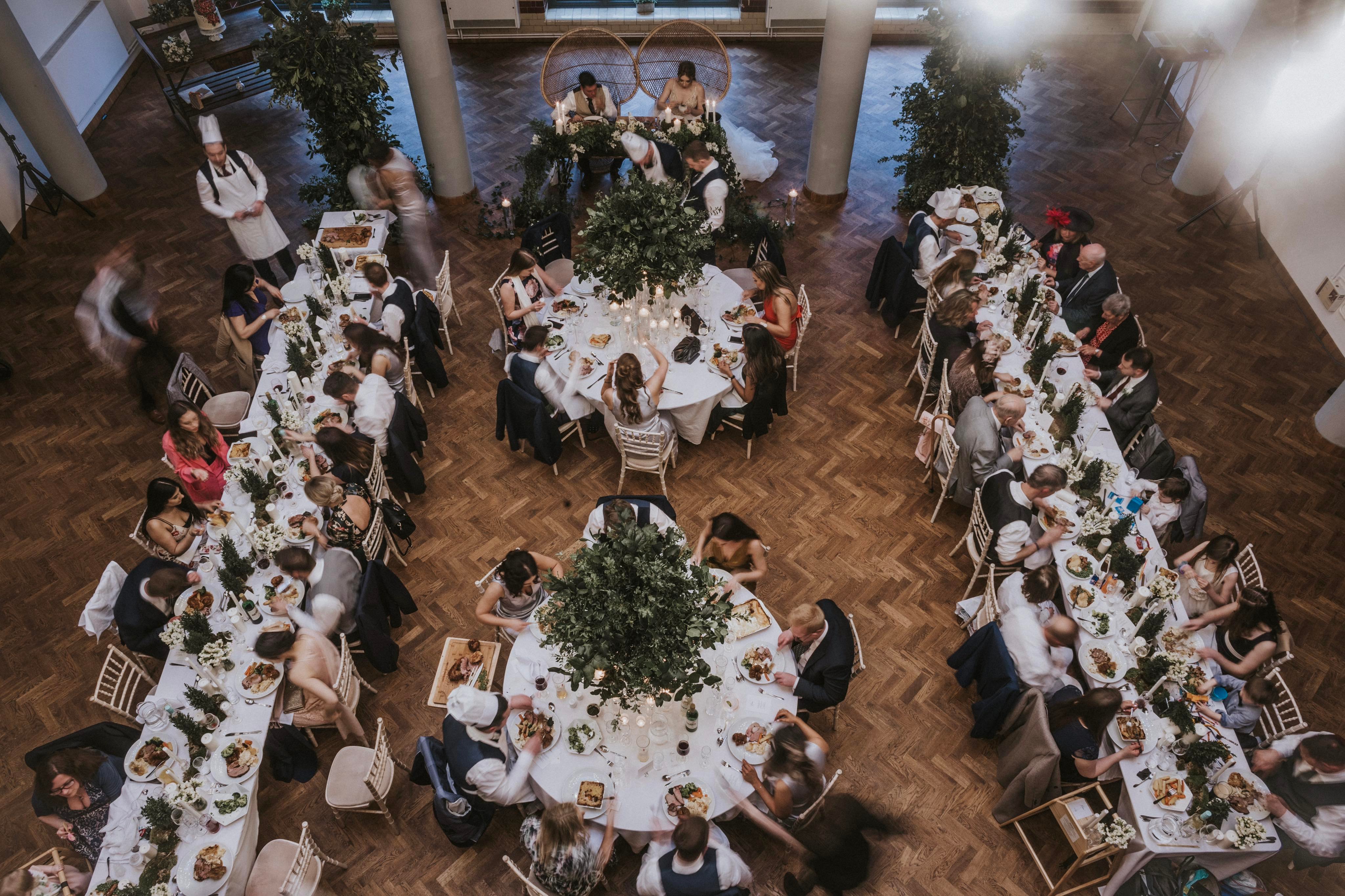 Elegant banquet setup in The Engine Hall, perfect for weddings and formal events.
