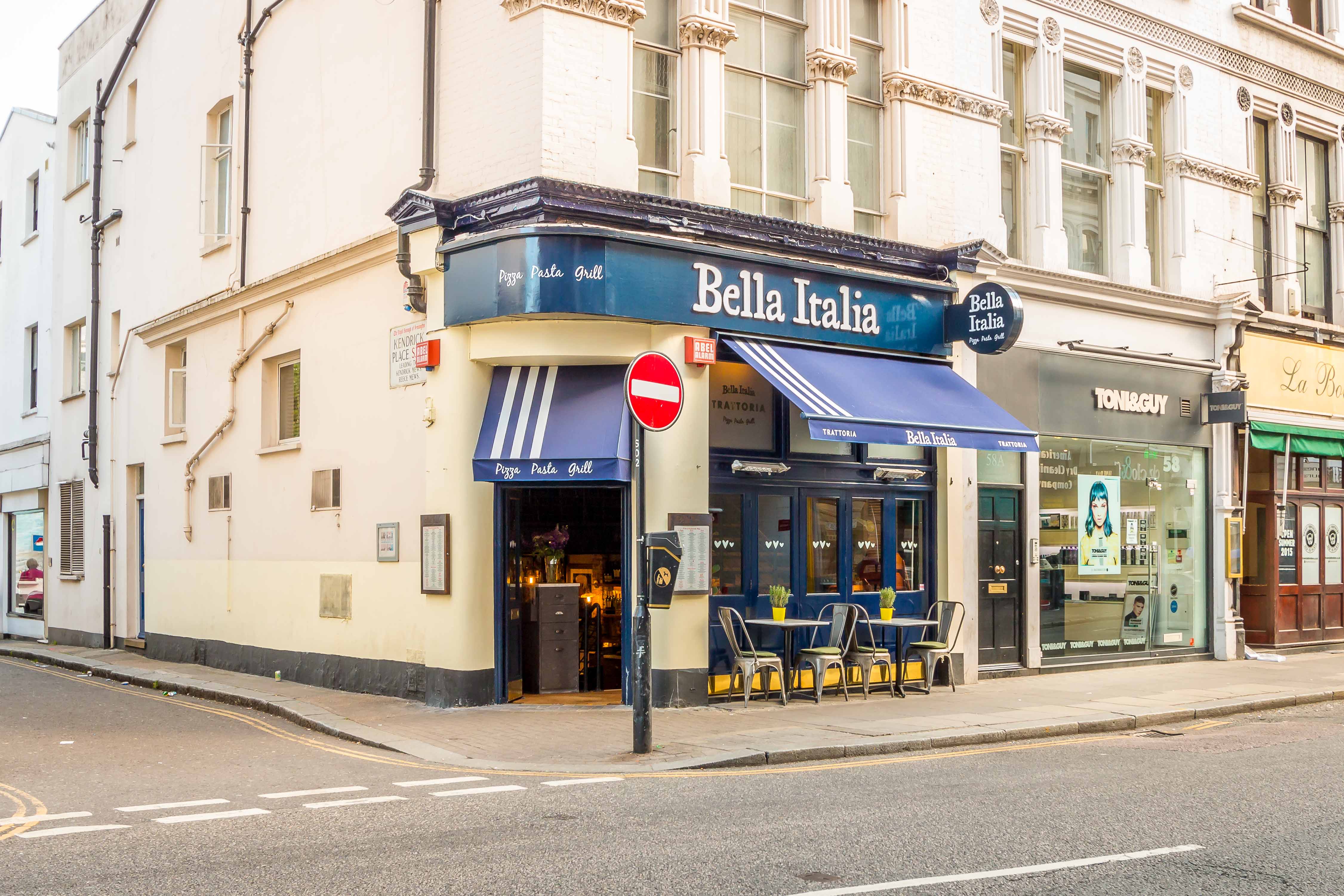 Charming Bella Italia restaurant exterior in South Kensington, ideal for casual networking events.