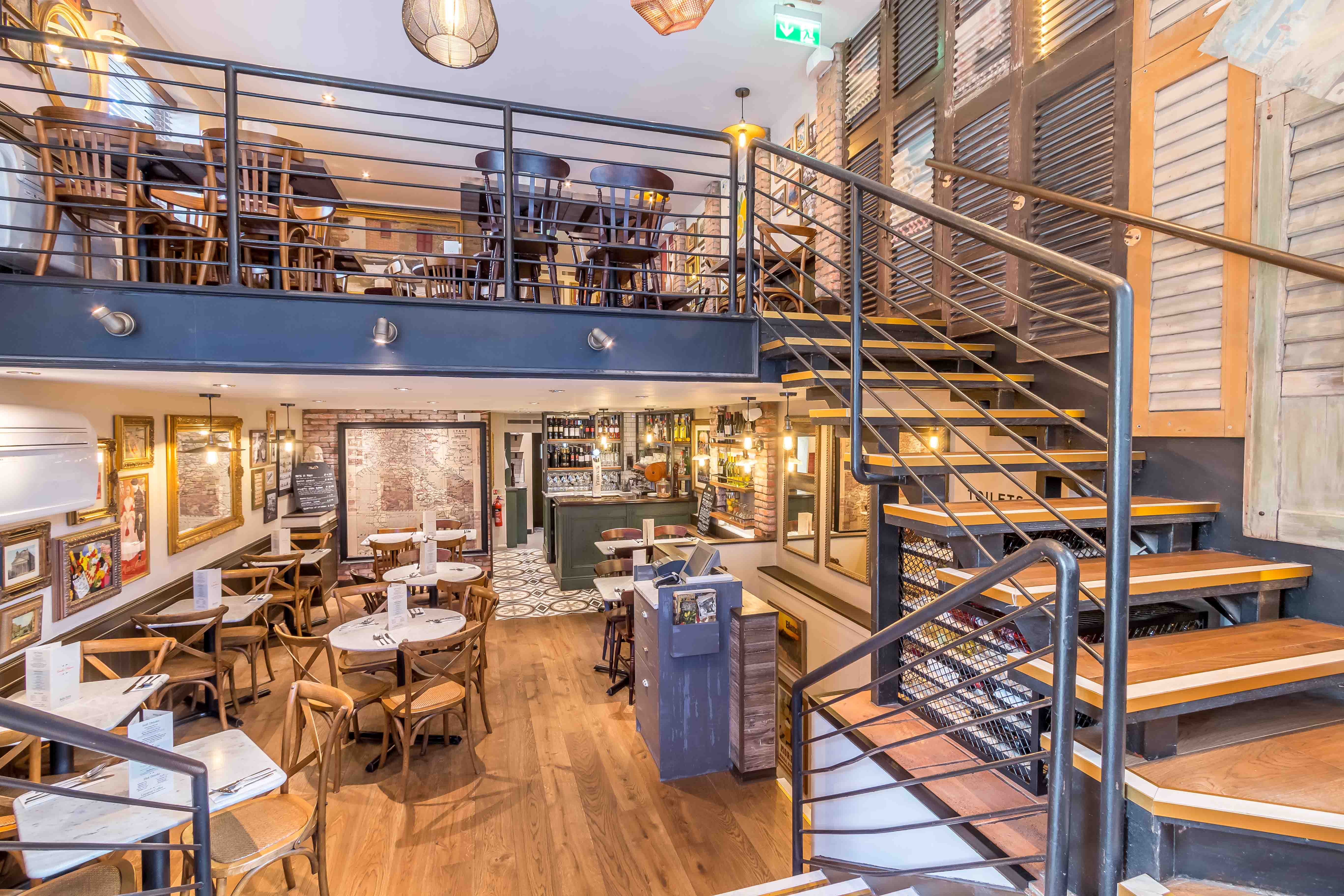 Stylish multi-level dining venue in Bella Italia, perfect for events and gatherings.