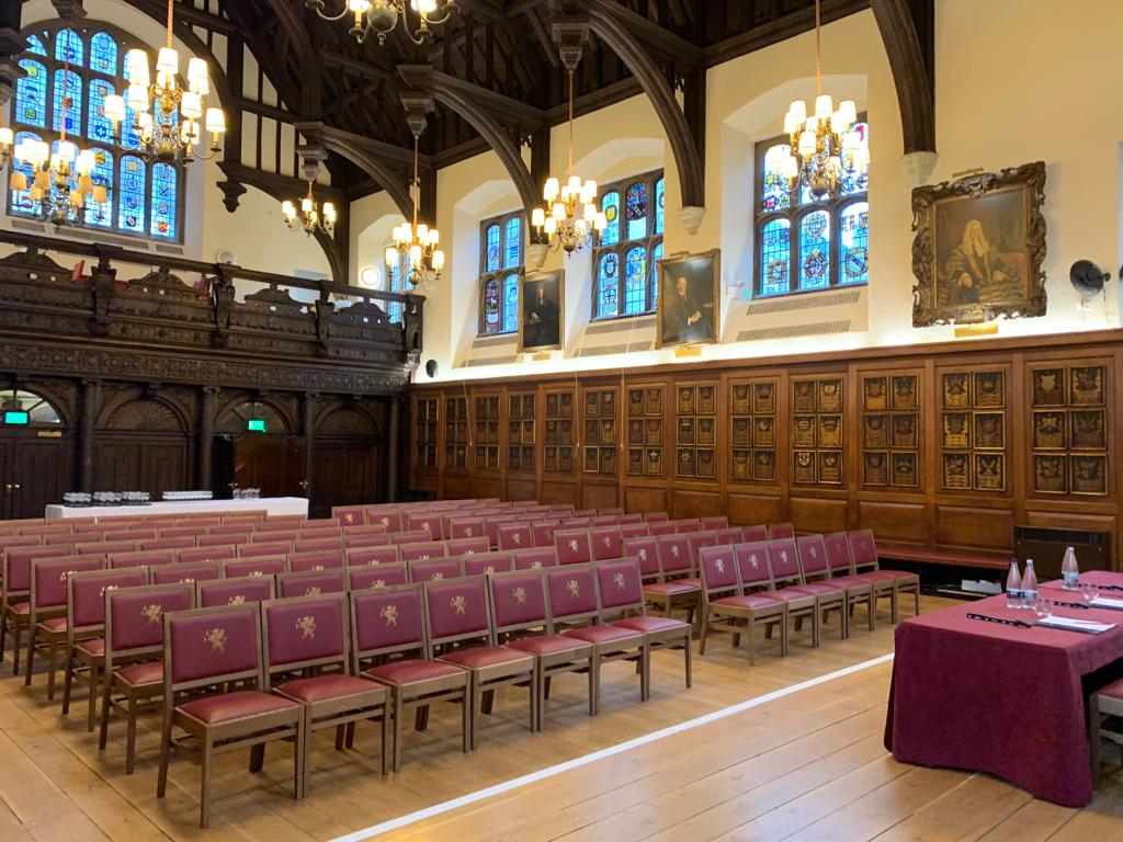 Elegant event space in Gray's Inn Hall, perfect for conferences and seminars.