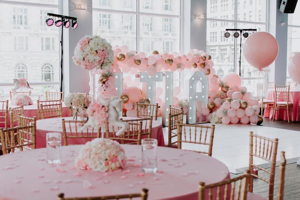 Cunard Suite at The Bentley, elegant pink and gold decor for weddings and celebrations.