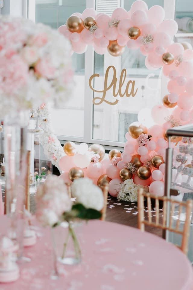 Cunard Suite event space with pink and gold balloon arch for birthdays or bridal showers.