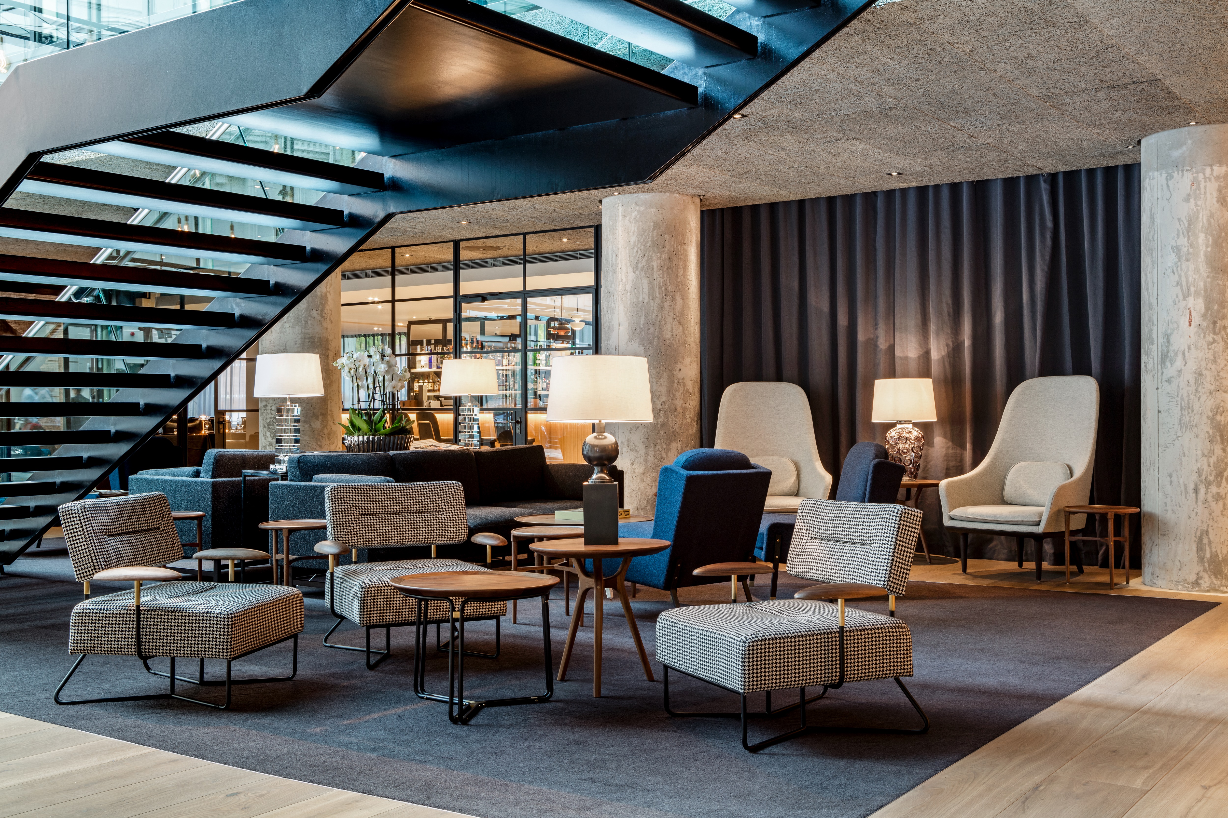 Modern lounge at Peterloo, Edwardian Manchester hotel, ideal for networking and meetings.