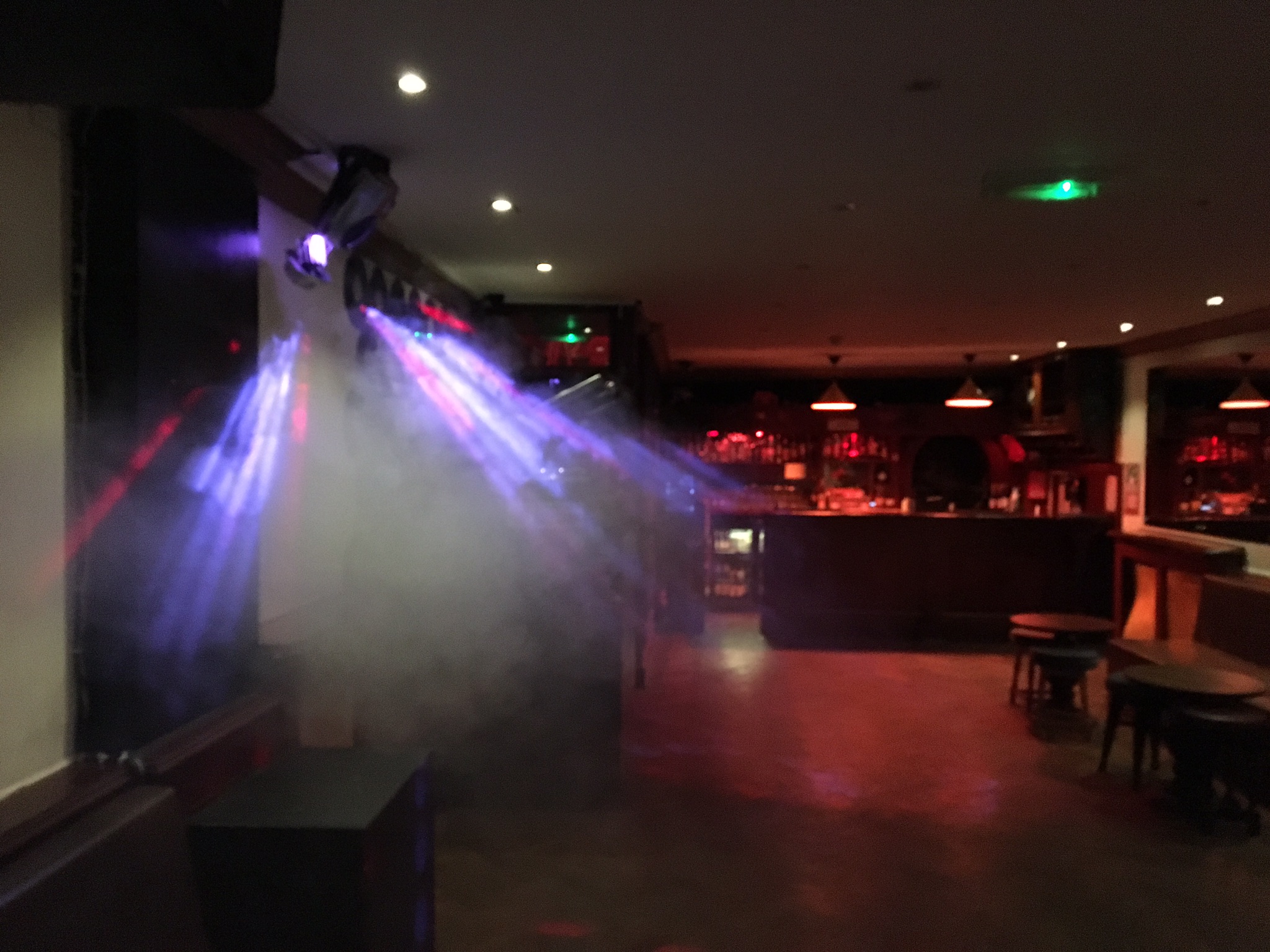 Vibrant event space at Moustache Bar Dalston with dynamic lighting for parties.