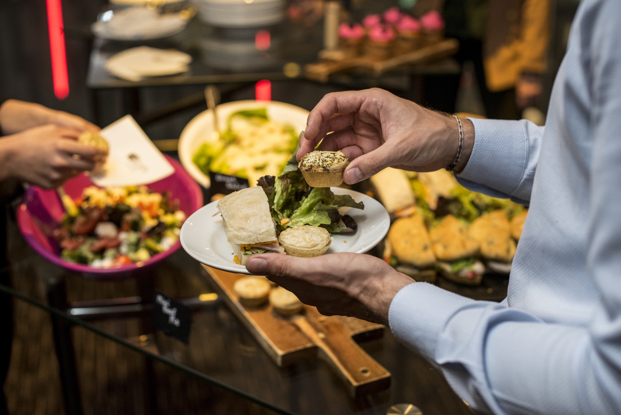 Buffet setup at Tactic 1+2, Aloft London ExCeL for events and networking.
