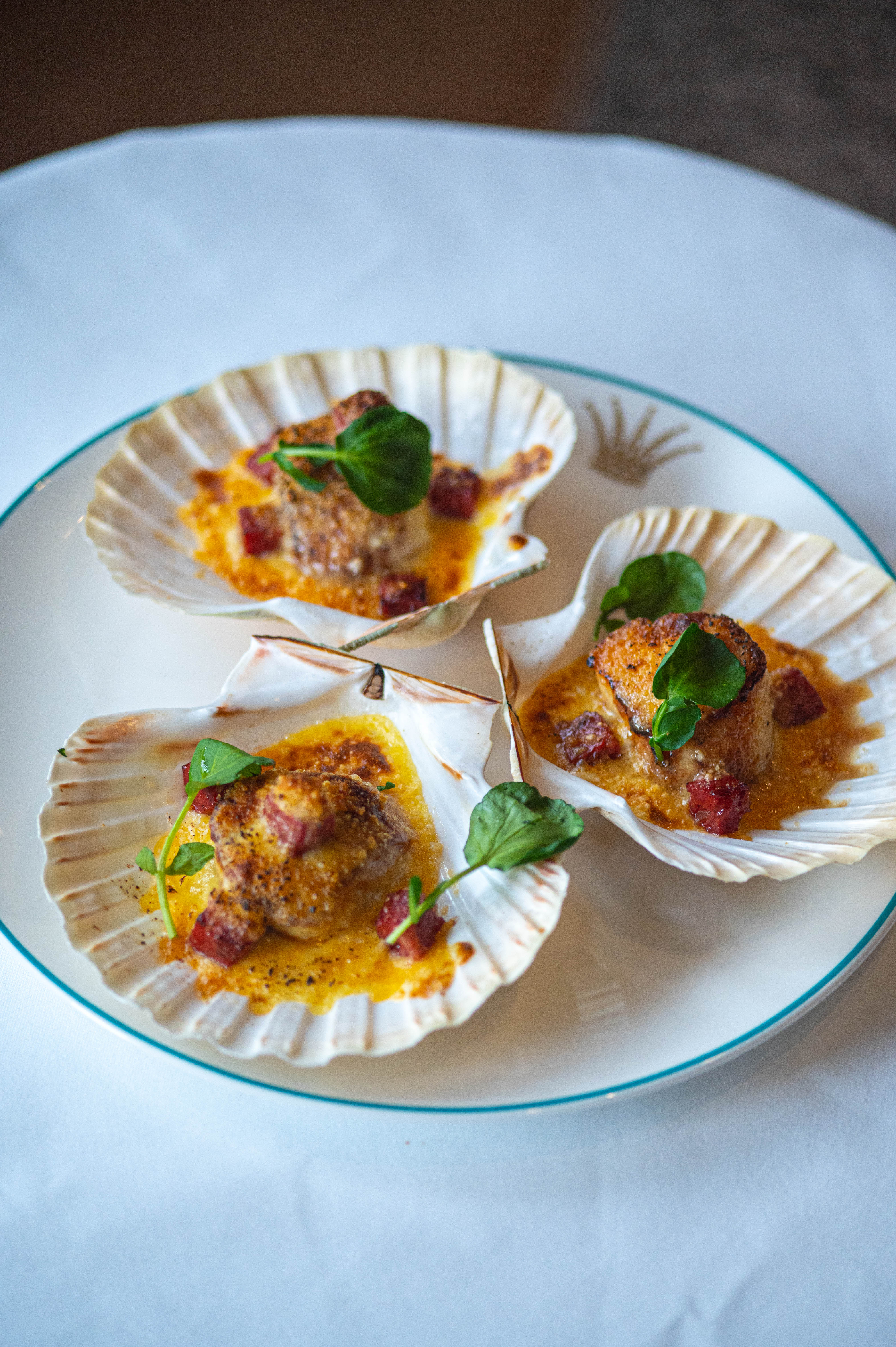 Gourmet scallops in elegant shell dishes for upscale dining events.