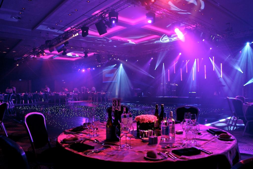 Arora Ballroom at Sofitel London Heathrow, elegant gala setup with vibrant lighting.