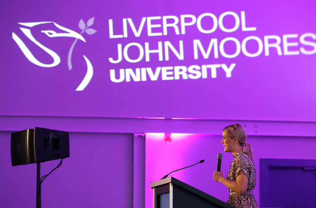 Eclipse Theatre setup with speaker podium for academic conference at Liverpool John Moores University