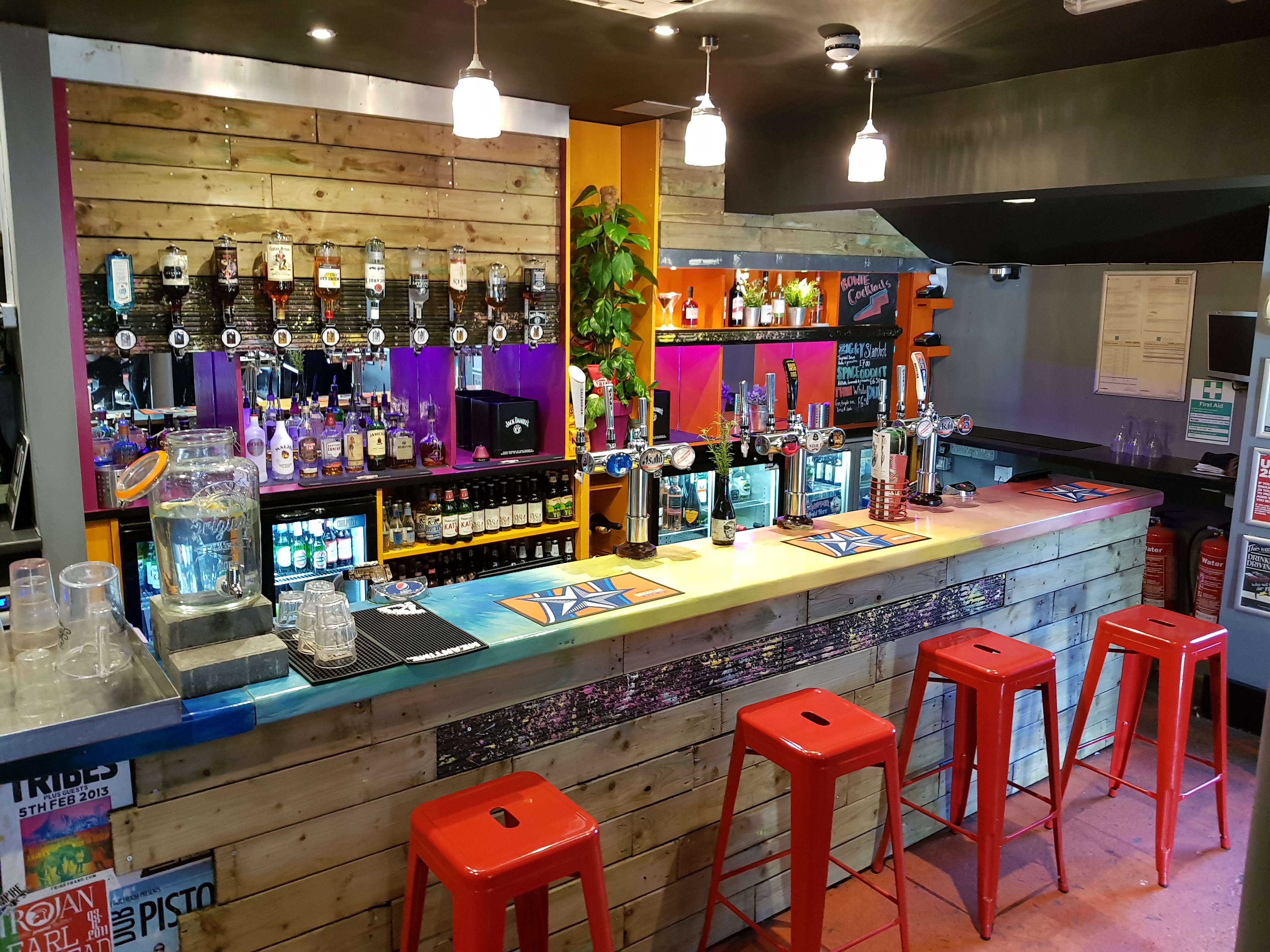 Vibrant bar setup in The Boileroom for networking events and social gatherings.