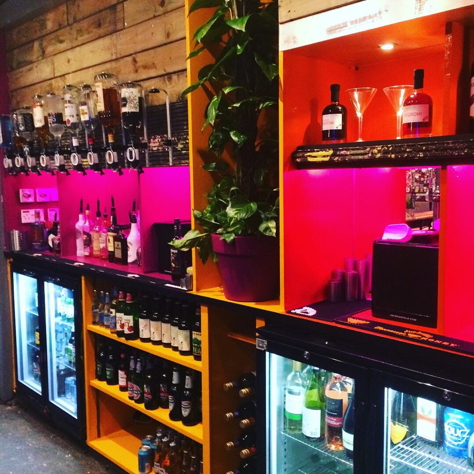 Vibrant bar setup in The Boileroom, ideal for events and socializing.