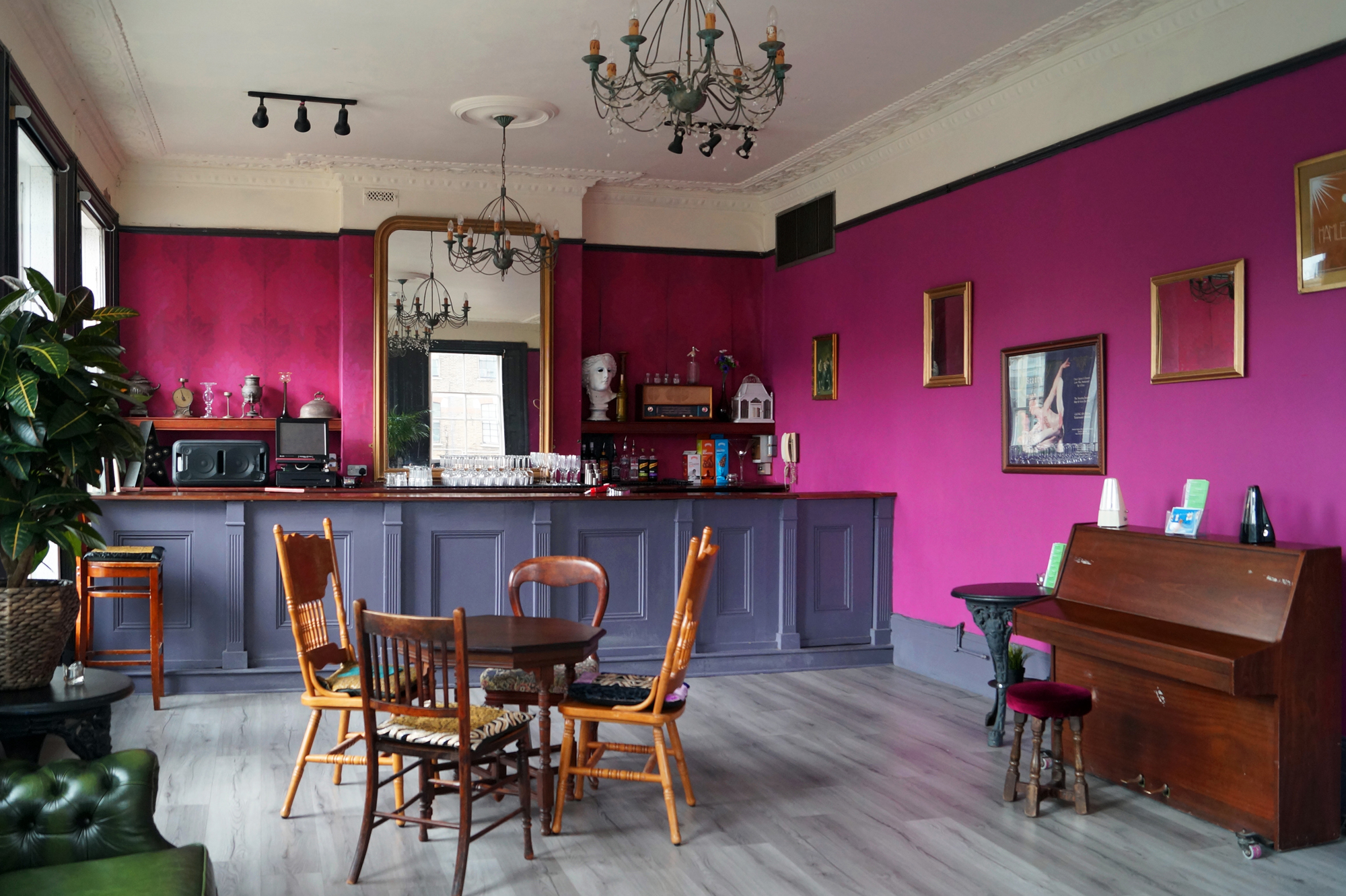 Marie Lloyd Room in Rosemary Branch Theatre, vibrant pink walls for gatherings and brainstorming.