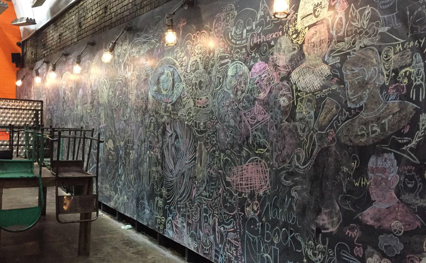Vibrant chalkboard wall at The Doodle Bar, perfect for creative meetings and workshops.