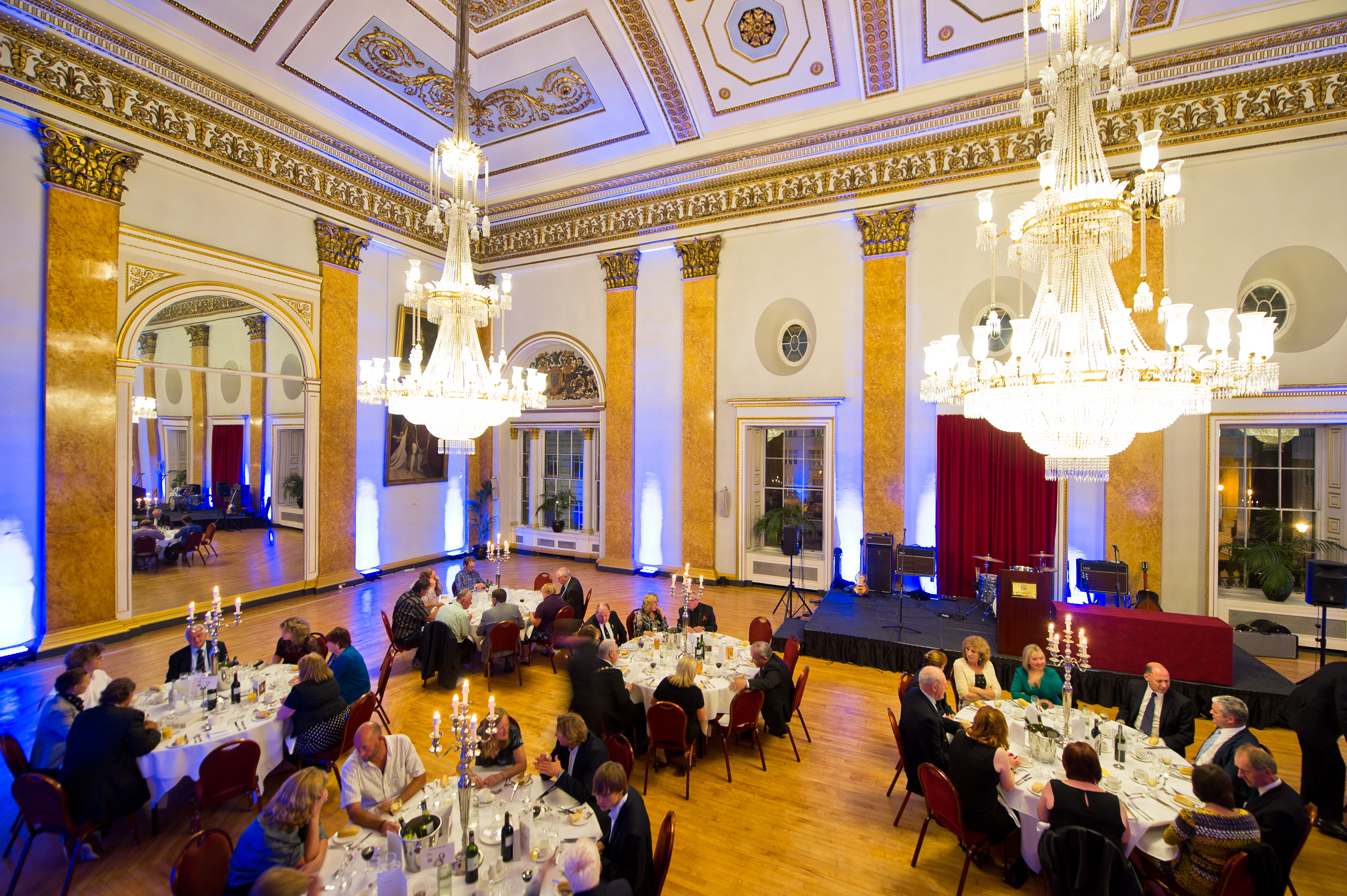 Elegant banquet setup in Liverpool Town Hall's Main Ballroom for formal events.