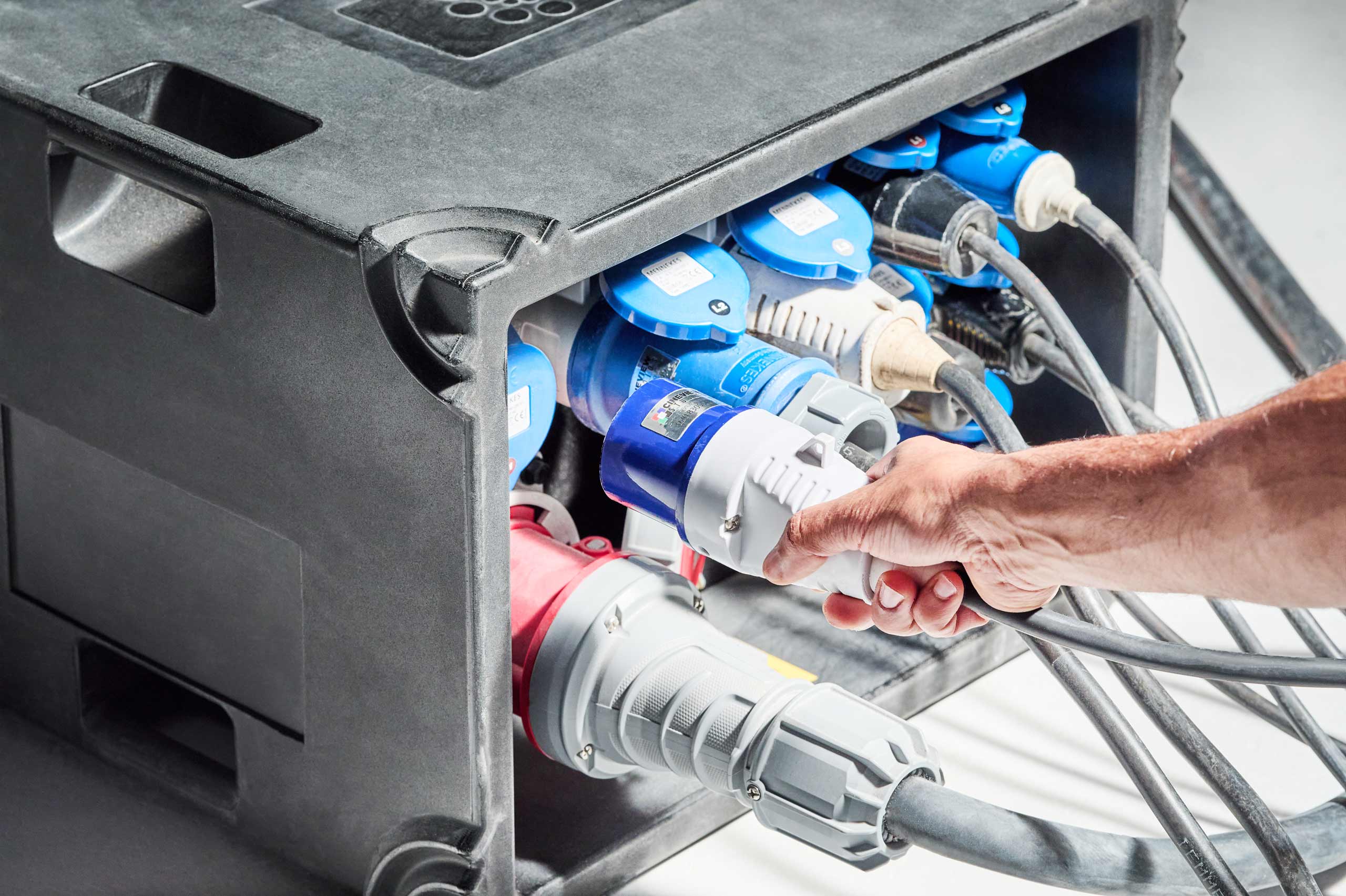 Power distribution box at Cineview Studios, essential for event electrical needs.