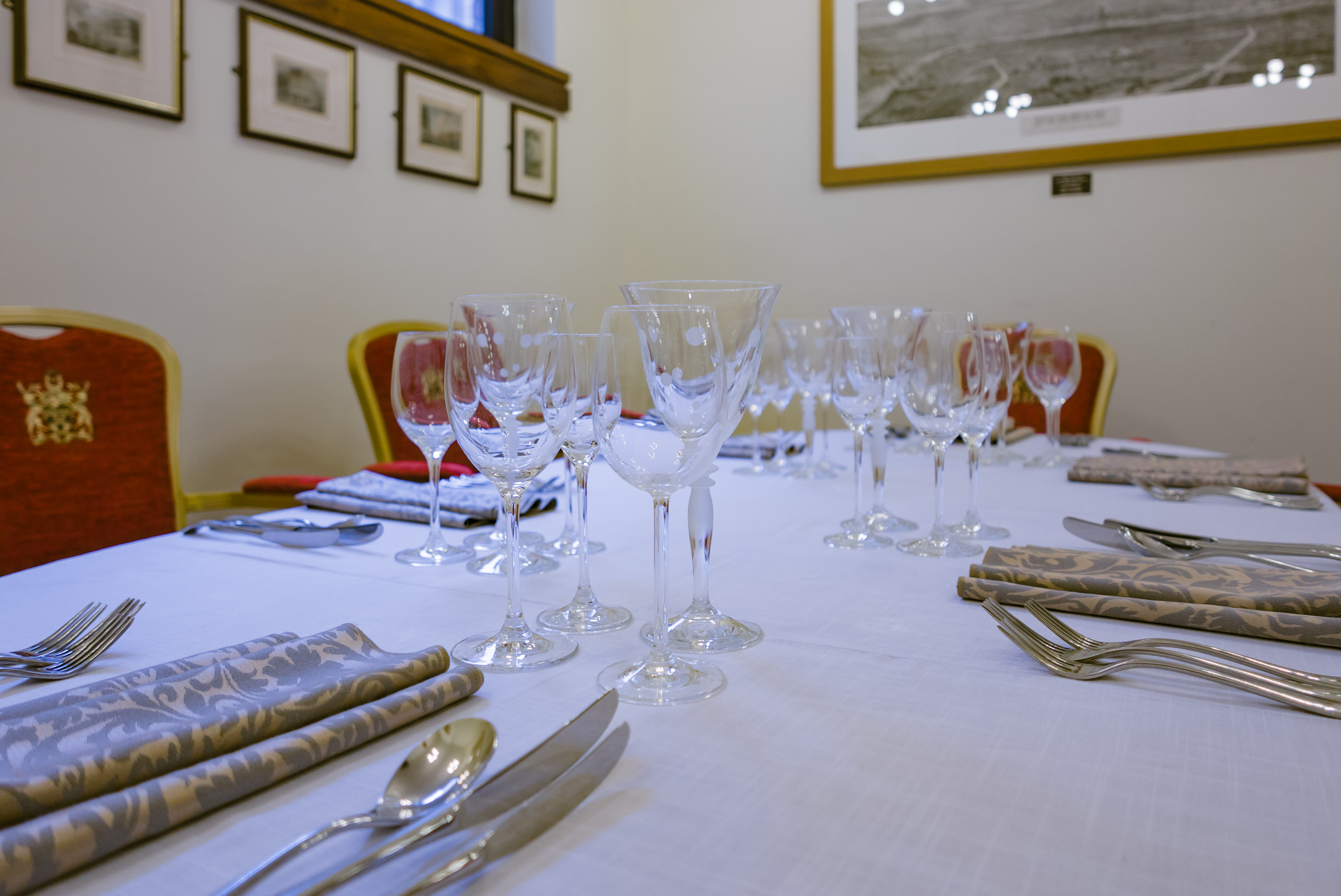 Elegant dining table setup in The Print Room, Bakers' Hall for formal events.