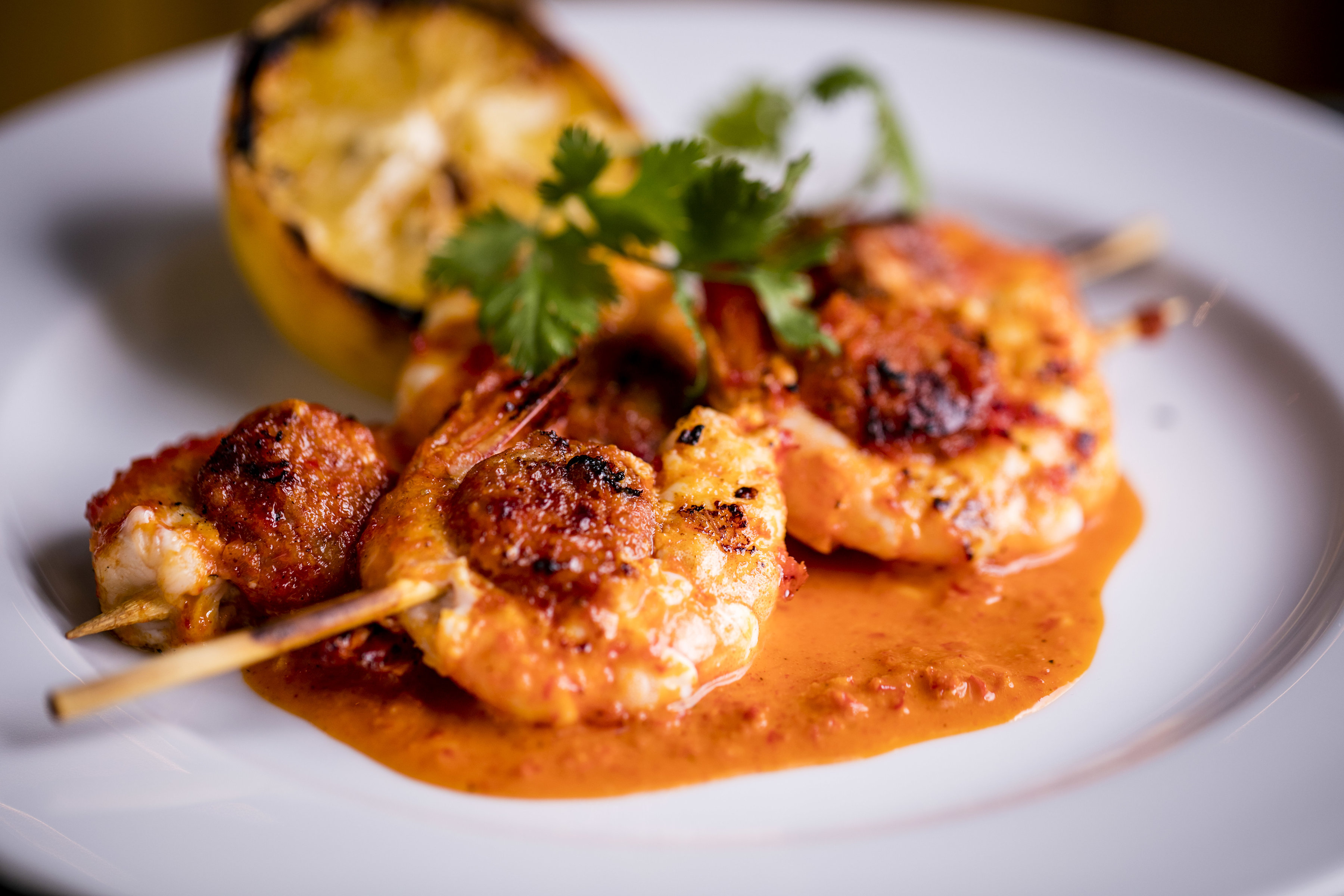 Grilled shrimp skewers with herbs at Market Cellar, Covent Garden - event catering.