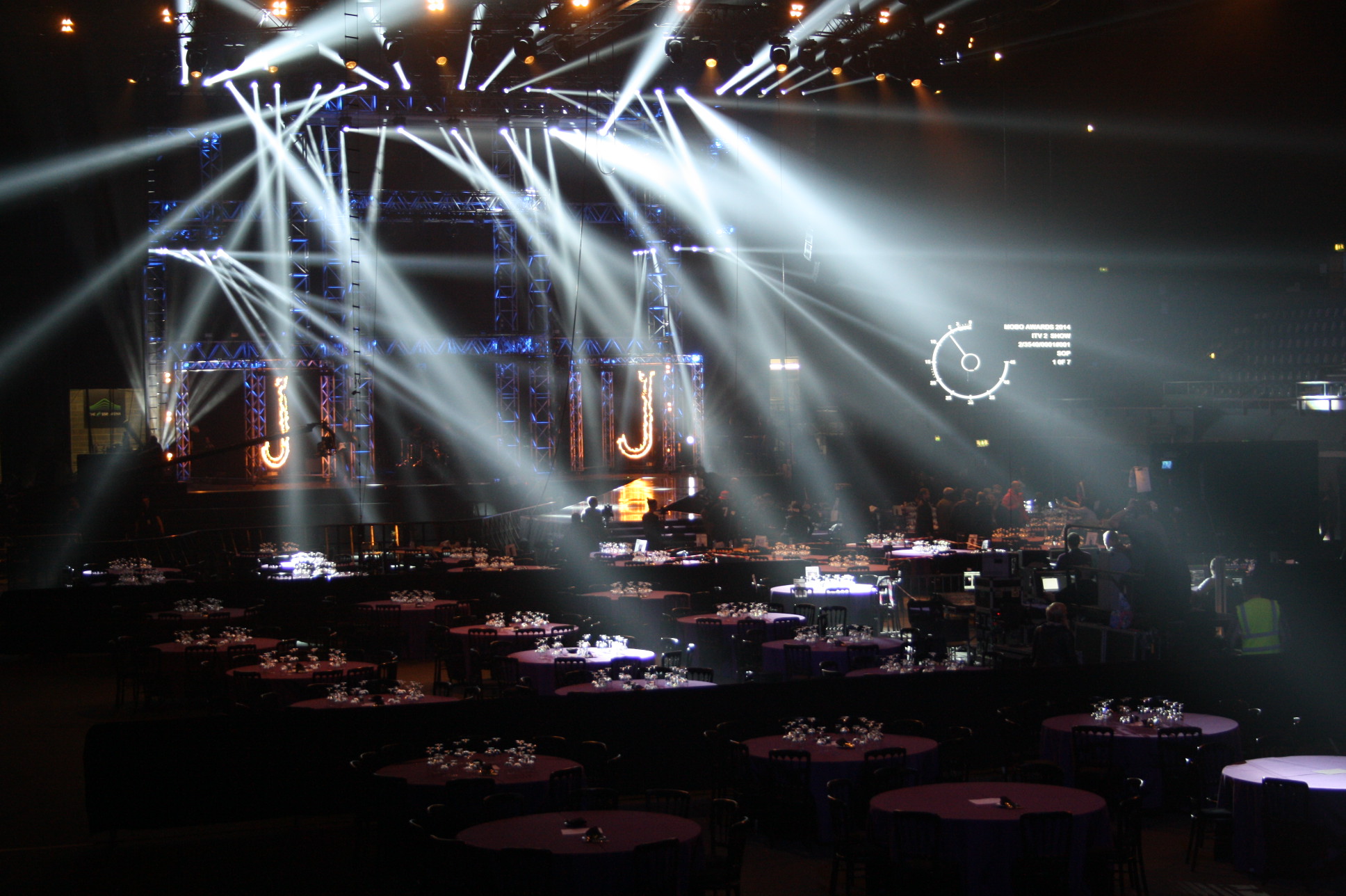 OVO Arena Wembley set for a corporate gala with elegant tables and dramatic lighting.