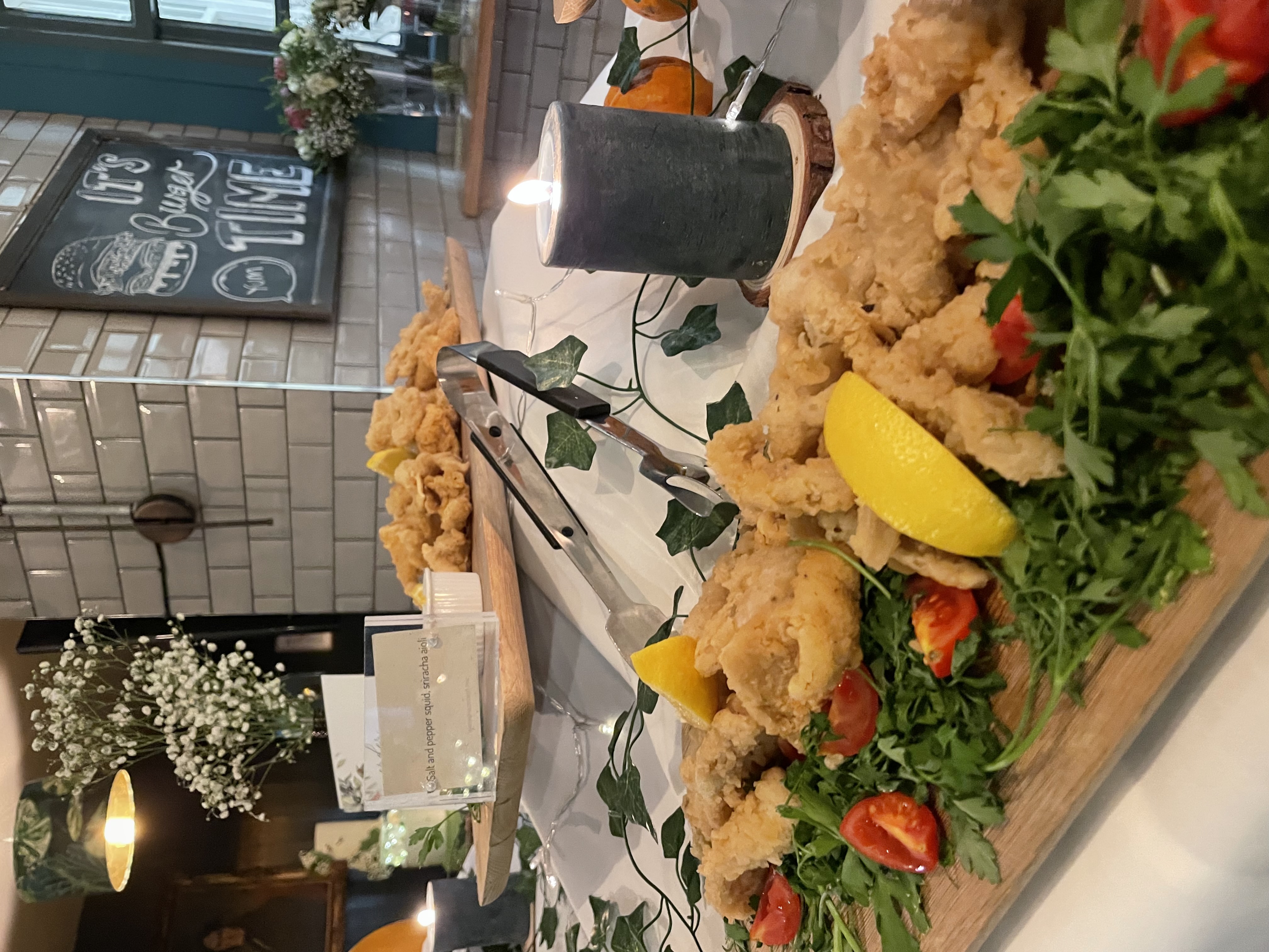Catering display of crispy fried seafood at The Tokenhouse Main Bar event.