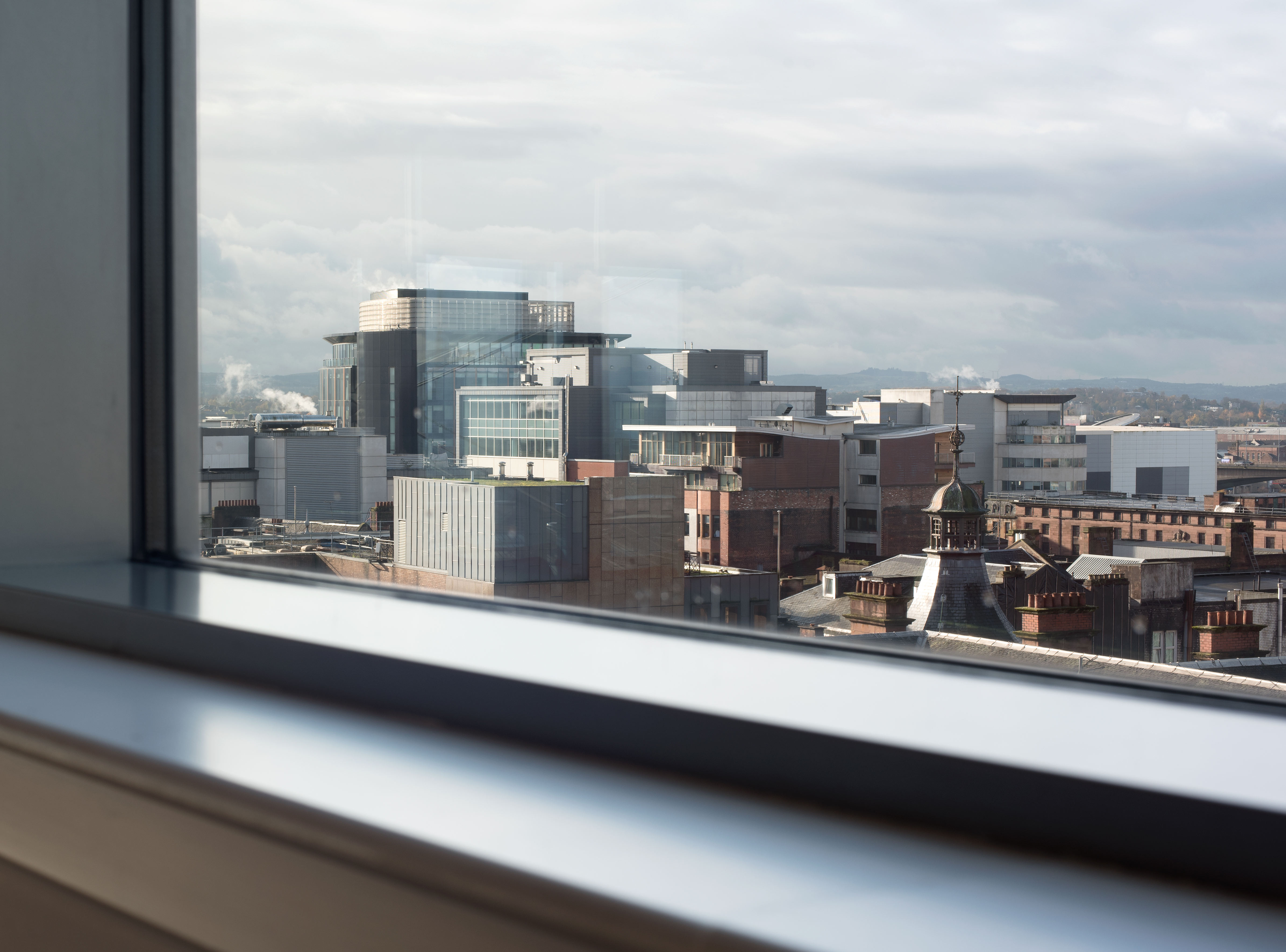 Modern urban skyline view from Climb in thestudio Glasgow, ideal for corporate events.