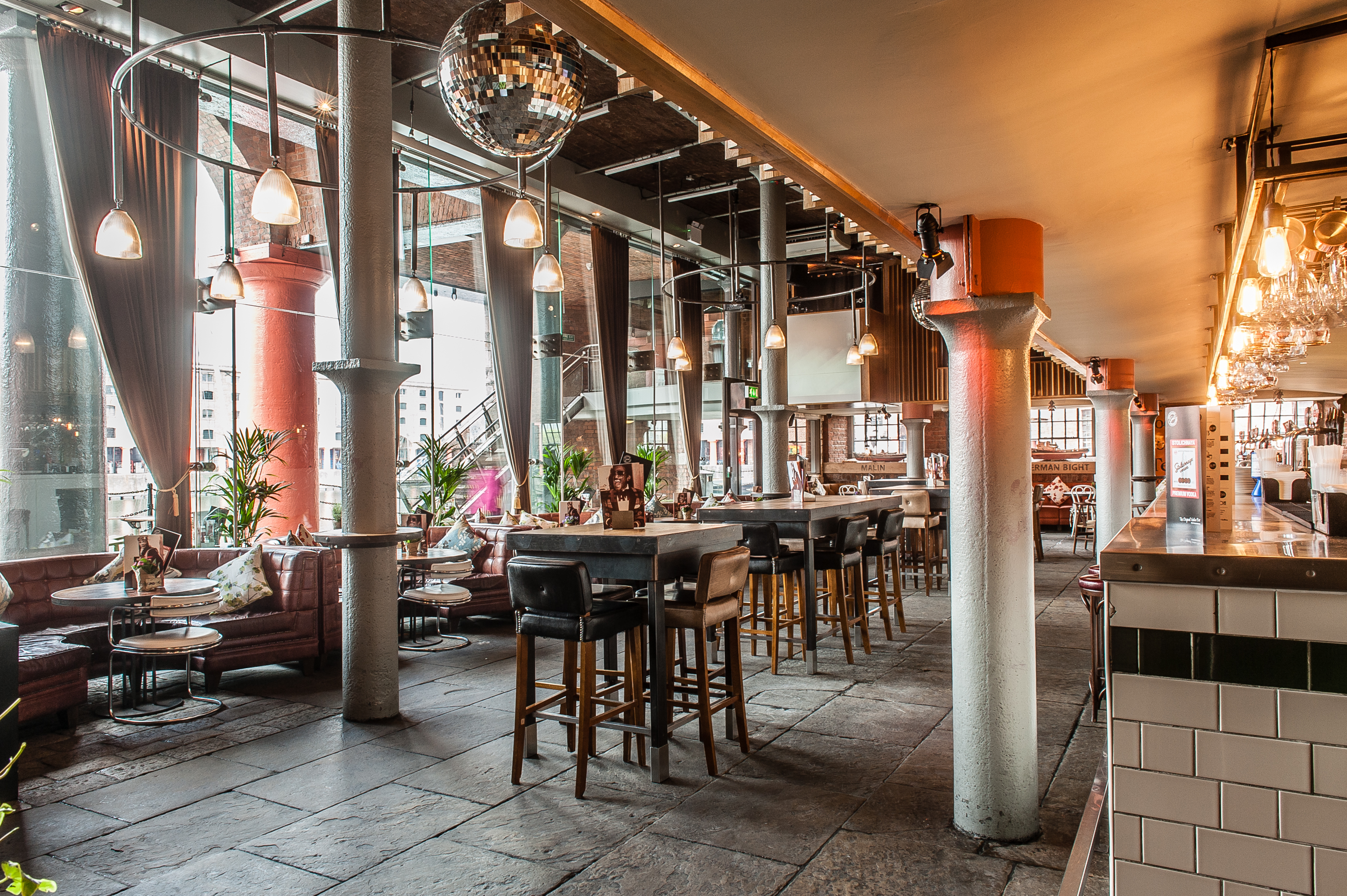 Stylish Dockside venue at Revolution Albert Dock, ideal for events with large windows.