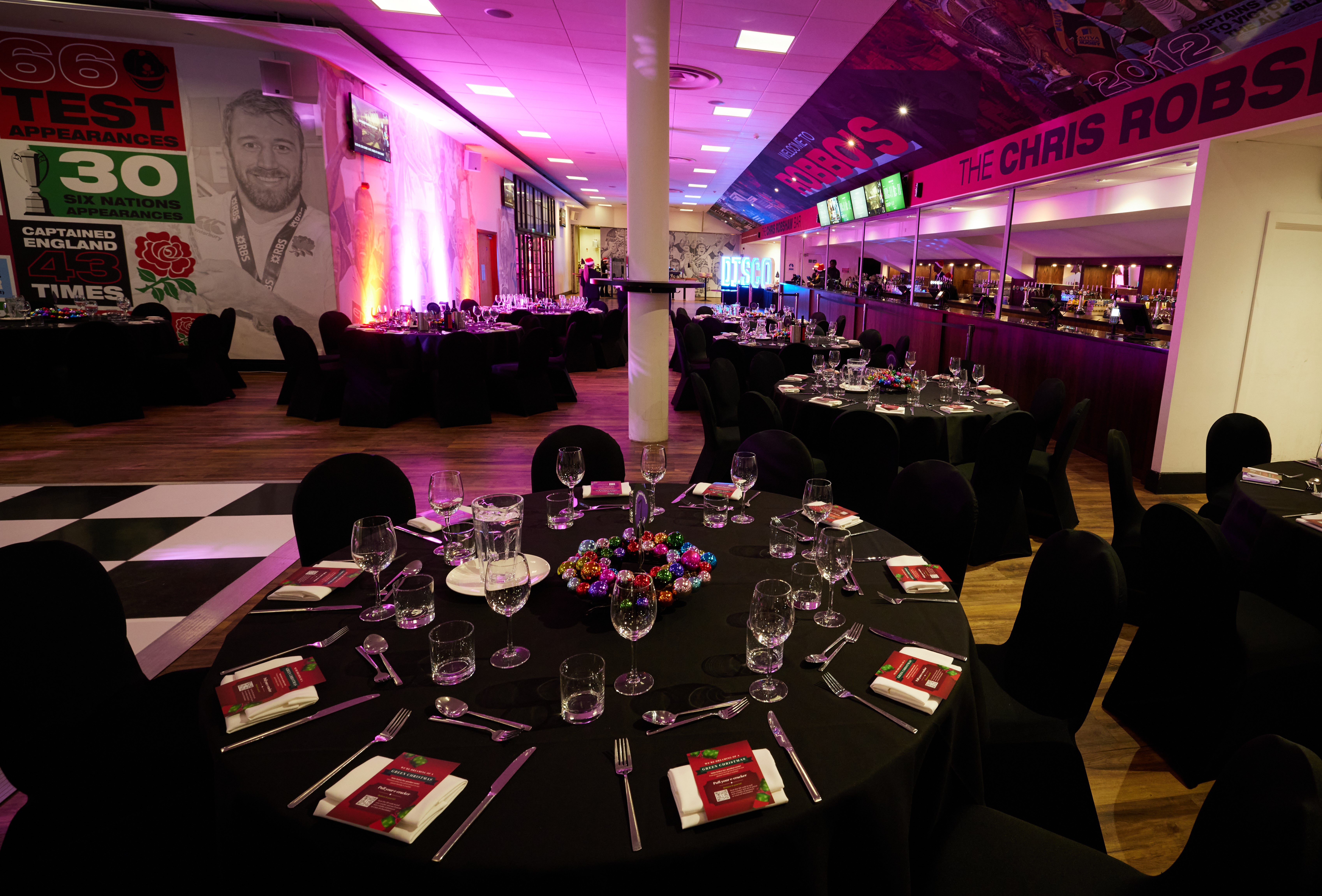 Elegant dinner setup in Undercroft, Twickenham Stoop Stadium for corporate events.