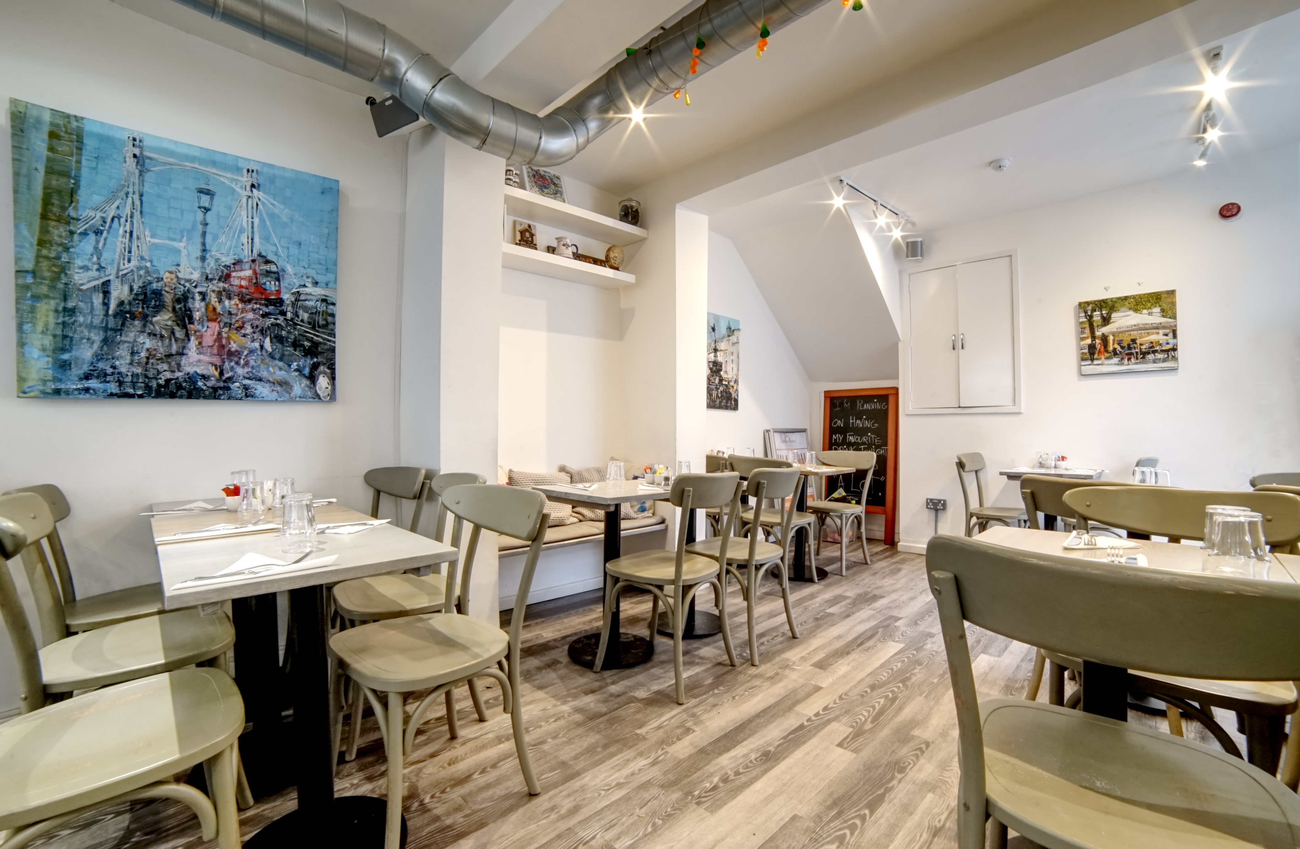 Cozy dining space at Chelsea Creperie, perfect for intimate meetings and small events.