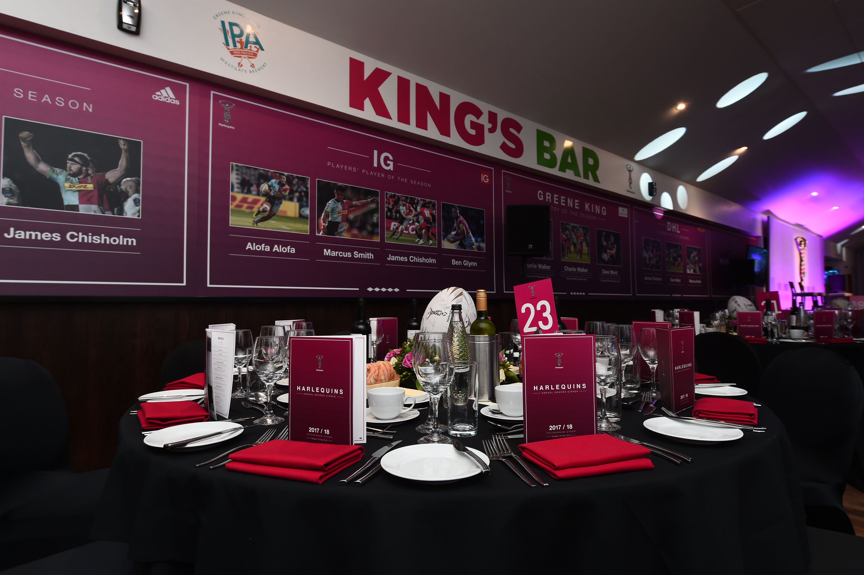 Chris Robshaw Bar setup with elegant dining table, ideal for corporate events at Twickenham.