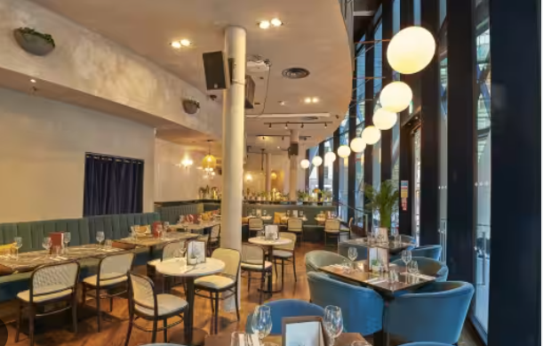 Stylish restaurant Mezzanine in The Sterling, ideal for corporate events and intimate gatherings.