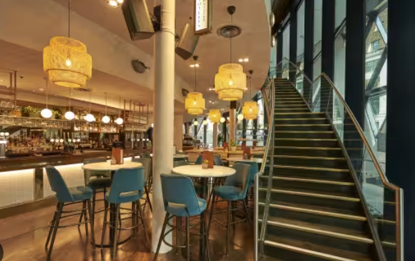 Modern Mezzanine at The Sterling with stylish bar, ideal for networking events and meetings.