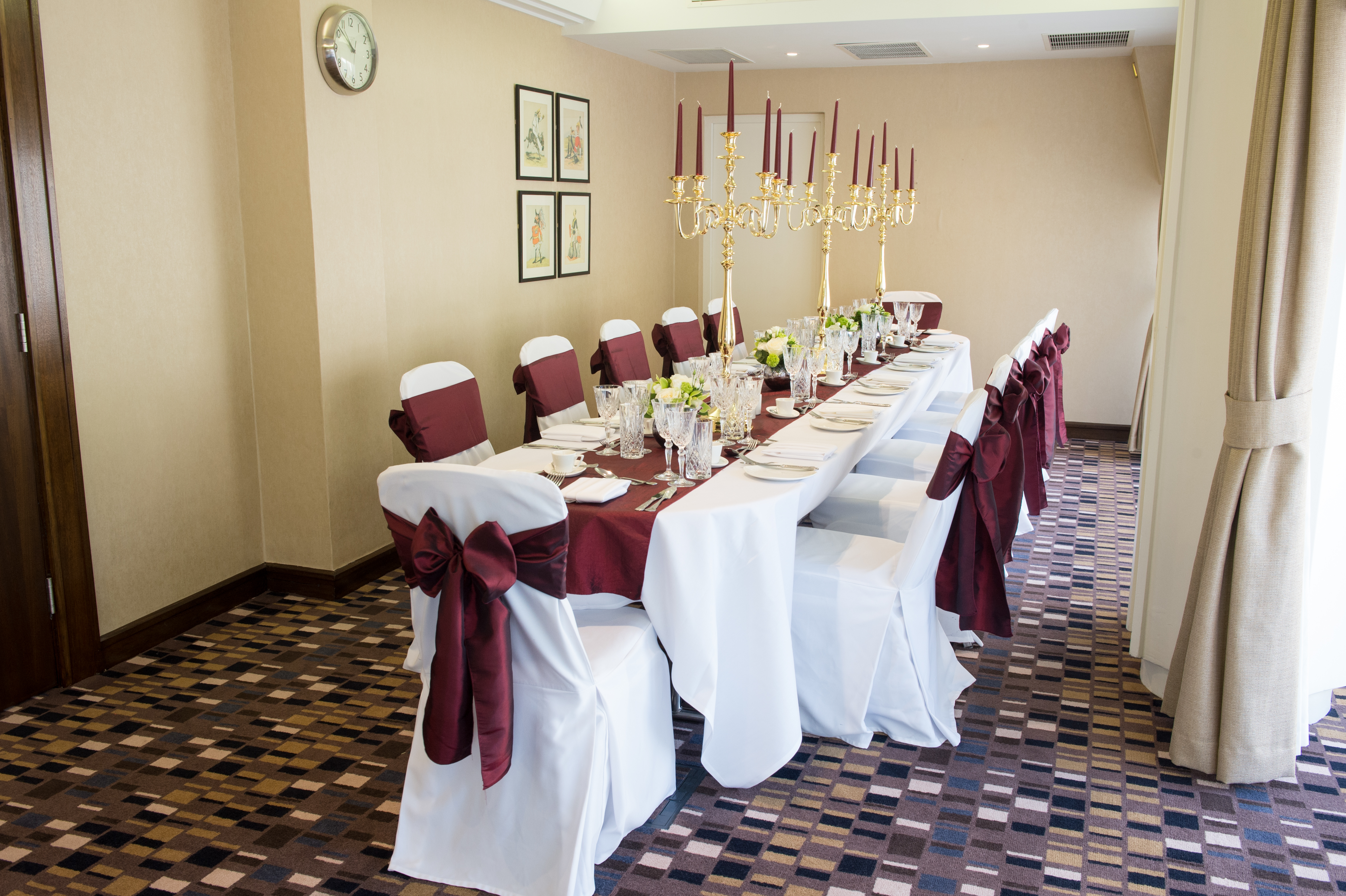 Chetwode Room dining setup with elegant linens for corporate events and formal dinners.
