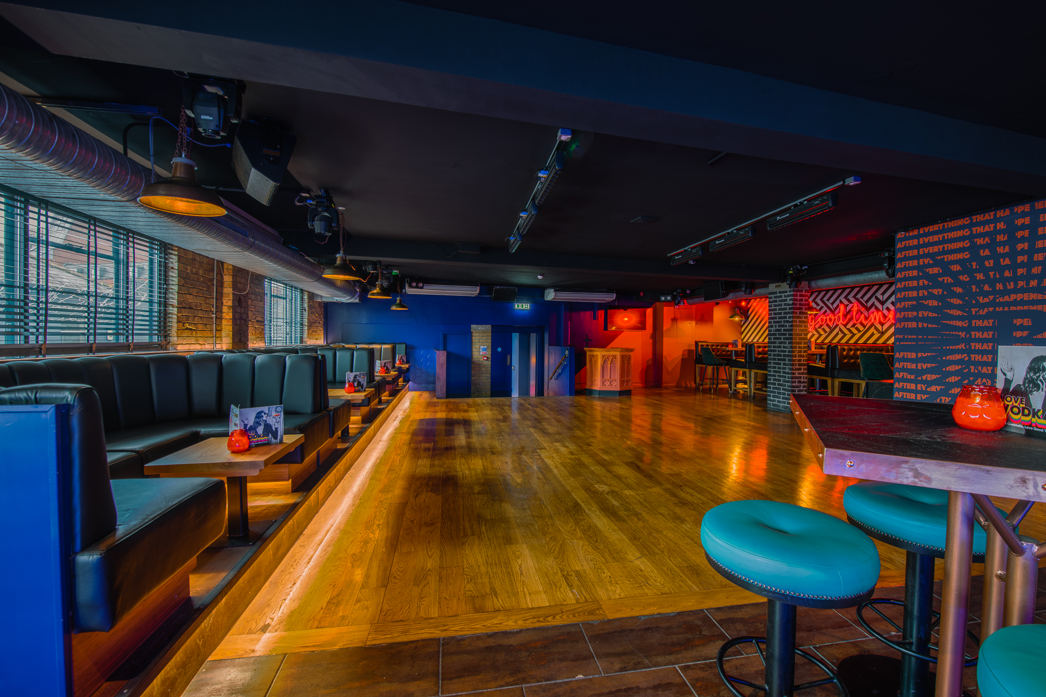 Modern event space in Revolution Southampton with vibrant decor for gatherings.
