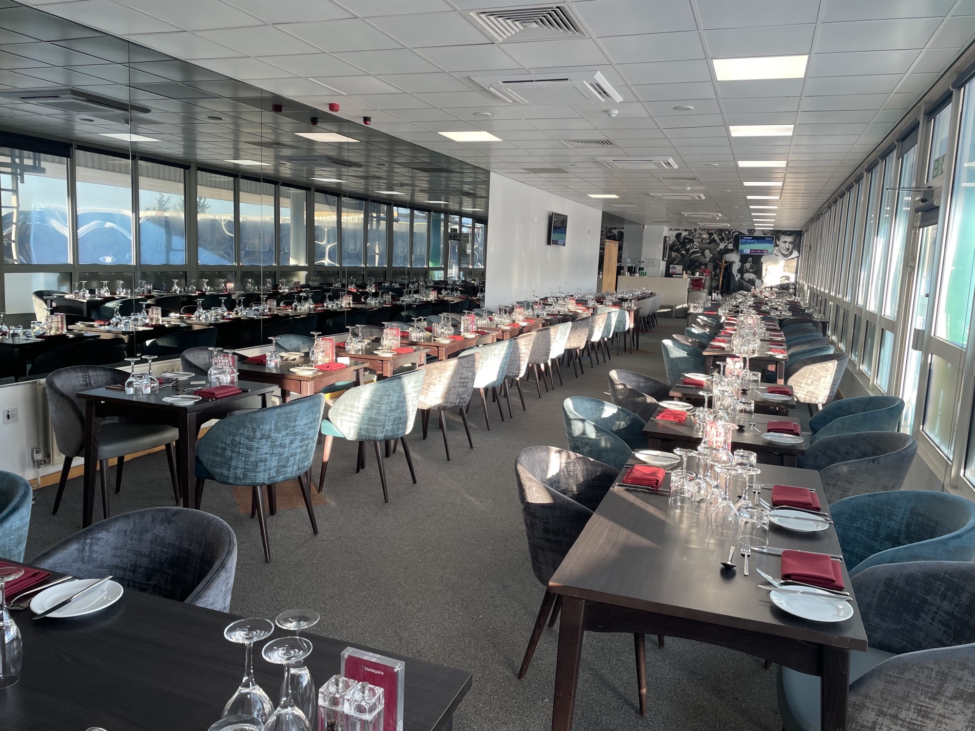 Legends Lounge at Twickenham Stoop, elegant dining setup for corporate events.