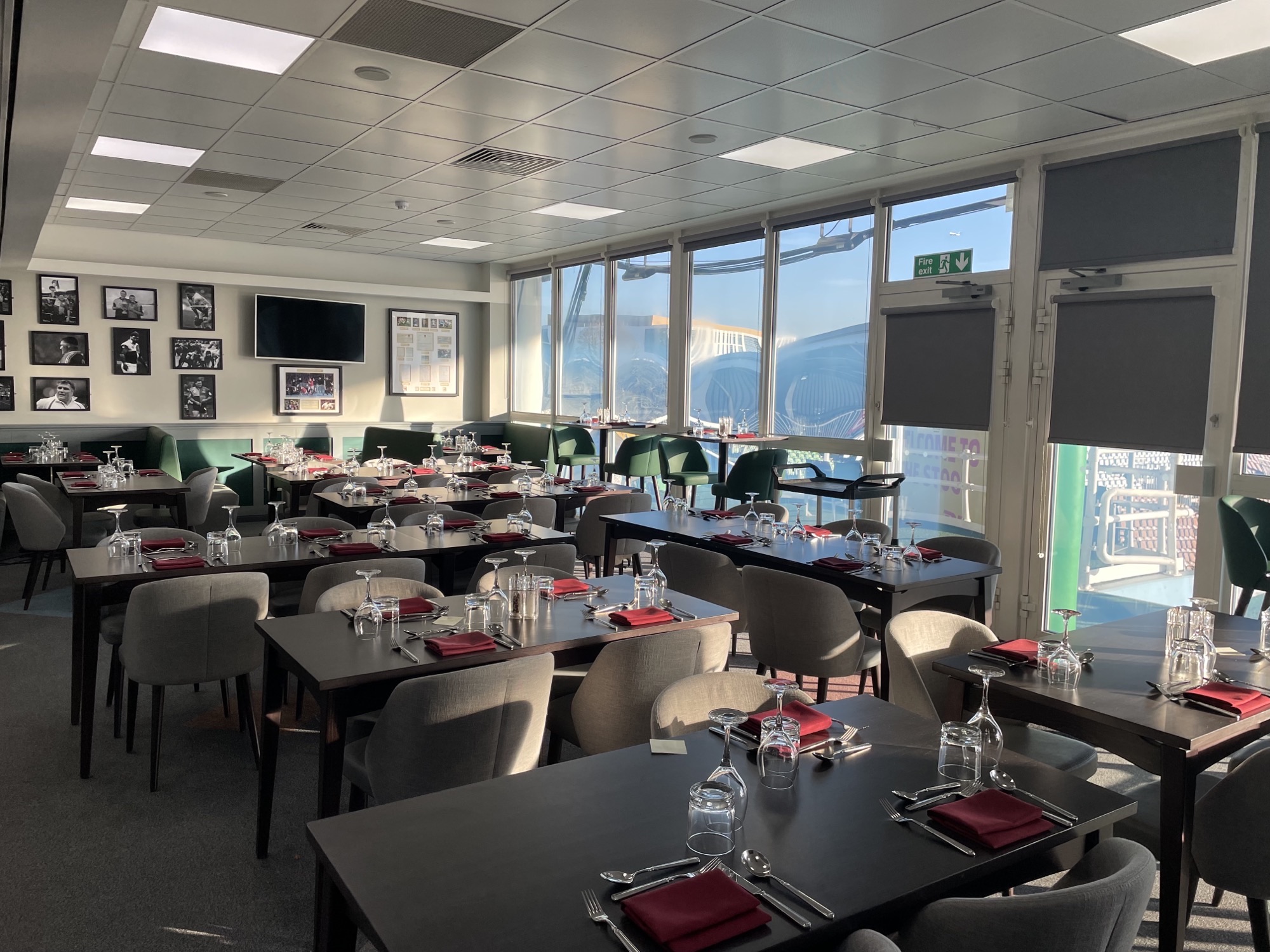 Elegant dining space in Jason Leonard Lounge, Twickenham Stoop for corporate events.