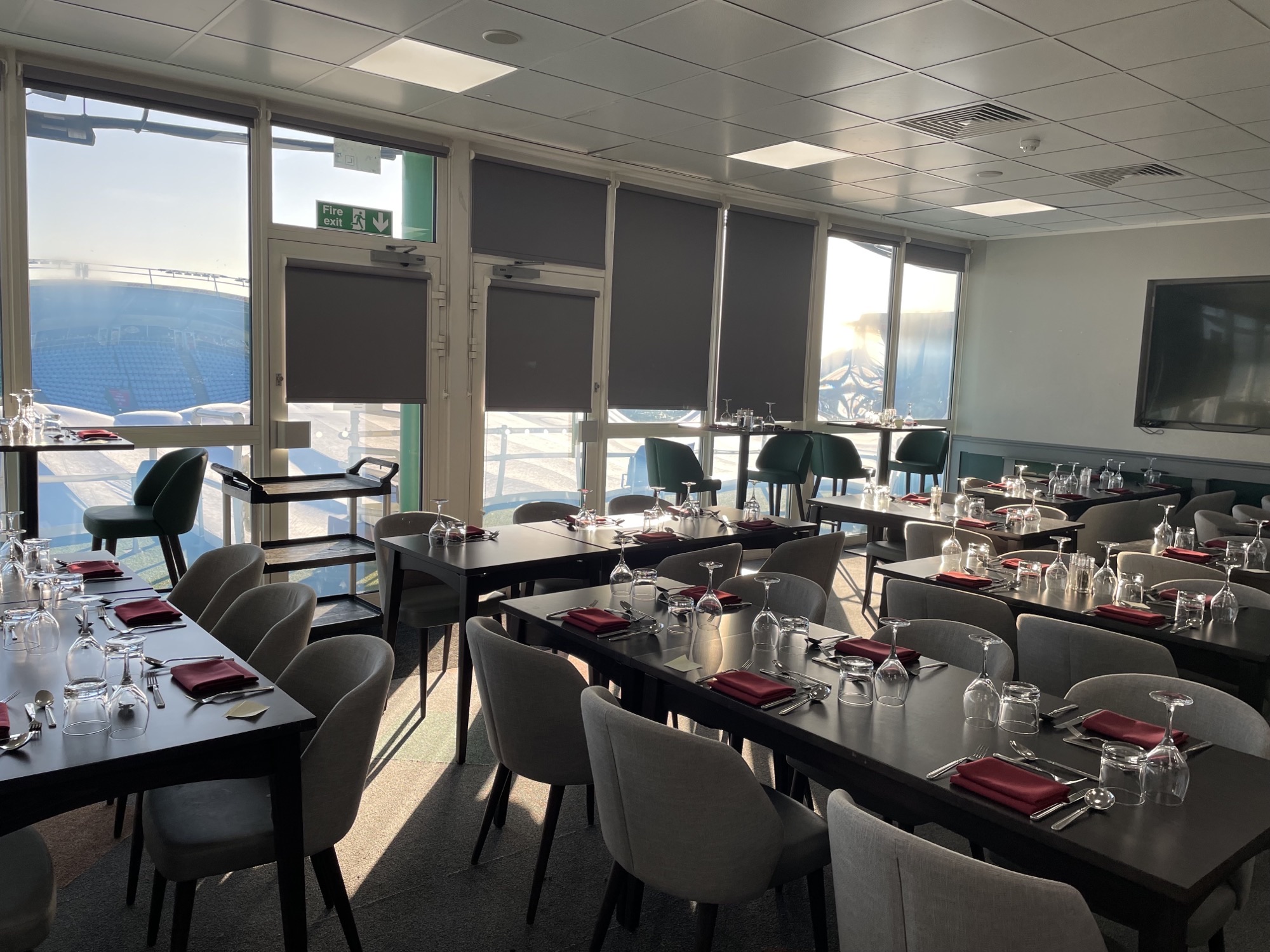 Jason Leonard Lounge at Twickenham Stoop, elegant dining setup for events and meetings.