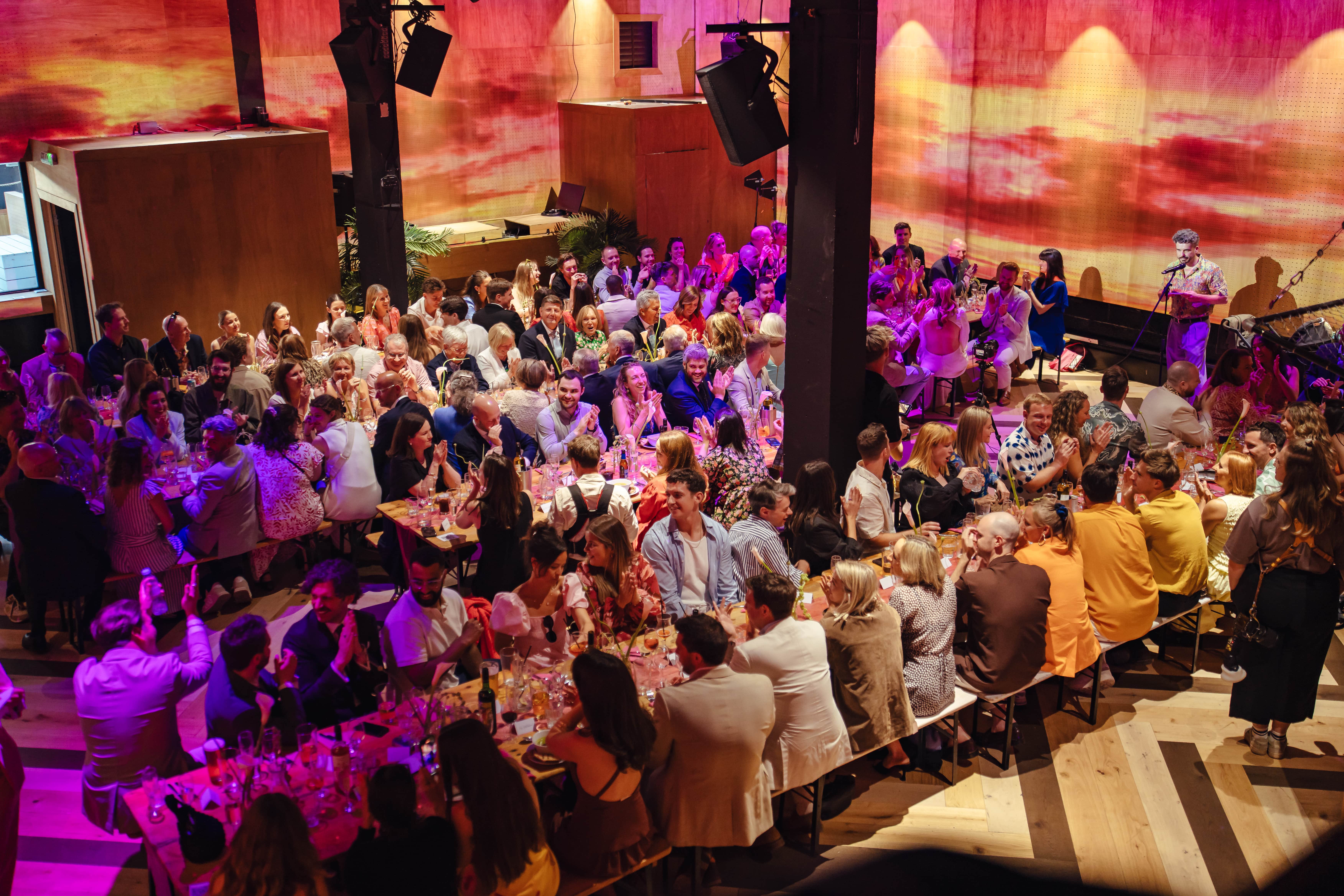 Elegant banquet setting at 90 Hideout, Hackney Wick, ideal for networking events.