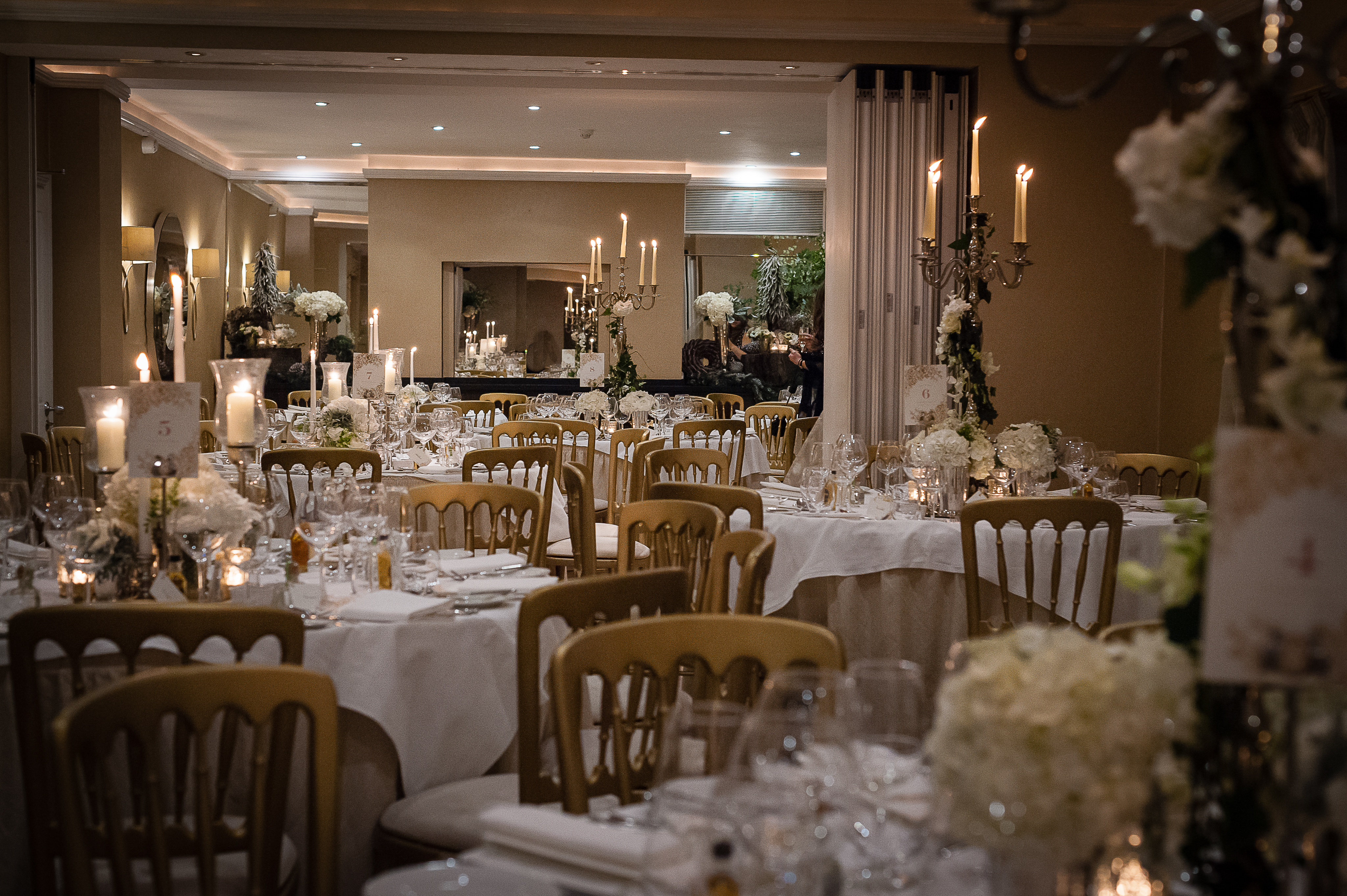 Elegant banquet room with white linens, perfect for weddings and corporate events.